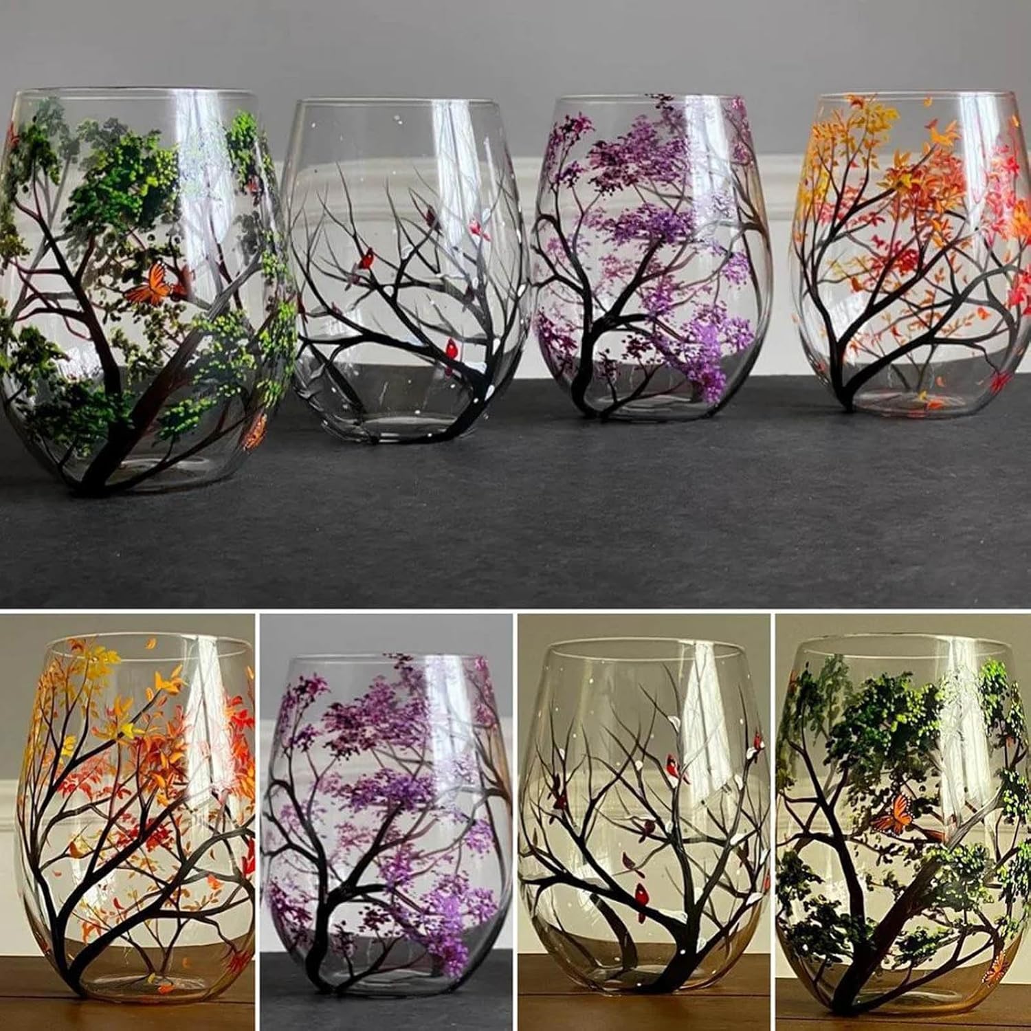Four Seasons Tree Wine Glasses Goblet Creative Printed Round Glass Cup for Wine Beer Cocktail Large Capacity Drinkware Wine Glasses