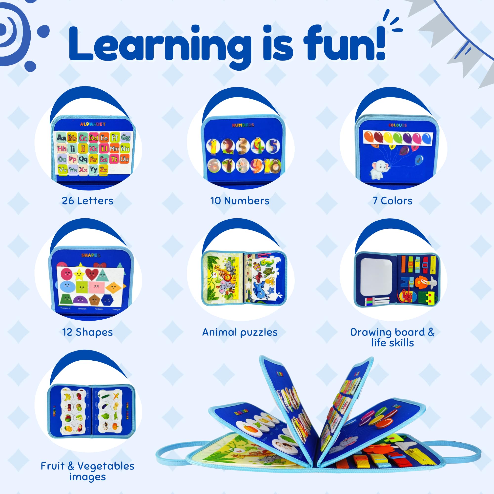 Nene Busy Board Montessori (Version Anglaise) - Jouet éducatif sensoriel pour Enfants 3-6 Ans - Planche d'Activités - Couleurs, Formes, Alphabet, Chiffres, Puzzles - Motricité Fine et créativité