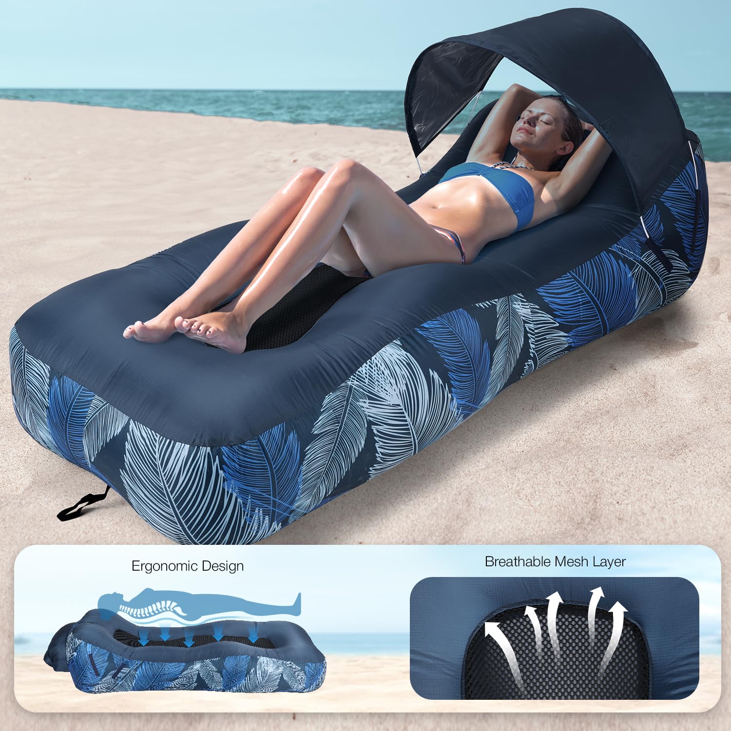 Aufblasbares Sofa mit Sonnenschirme, Luftsofa Faltbar Tragbar, Wasserdicht Camping Sofa mit Tasche, Strandliege Air Lounger mit Mesh-Rücken für Garten Strand Picknick, Marineblaue Feder