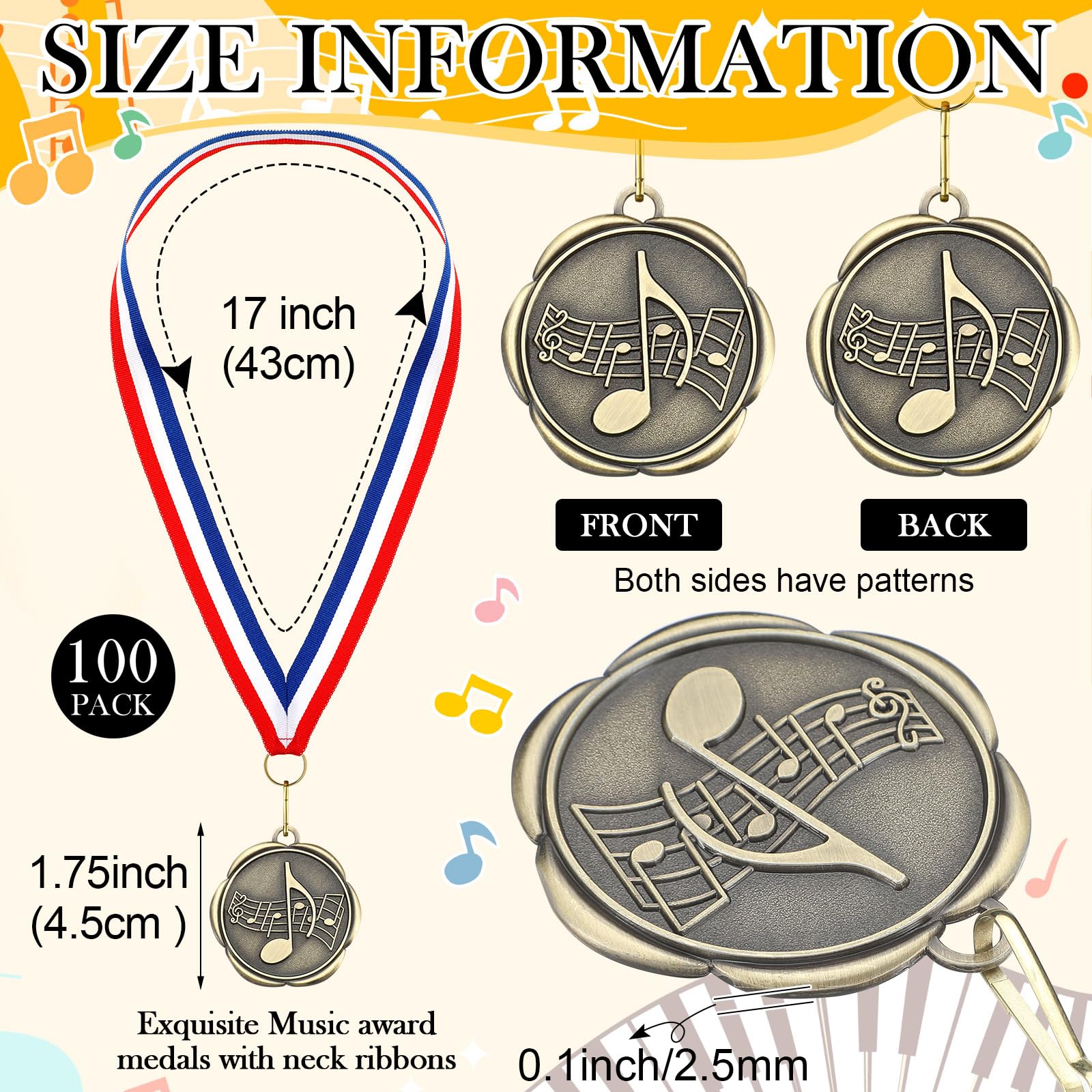 Quelay 100 medallas musicales a granel de oro con cintas para el cuello, trofeo de premio de metal para torneos de canto, competiciones musicales, regalo para niños o adultos
