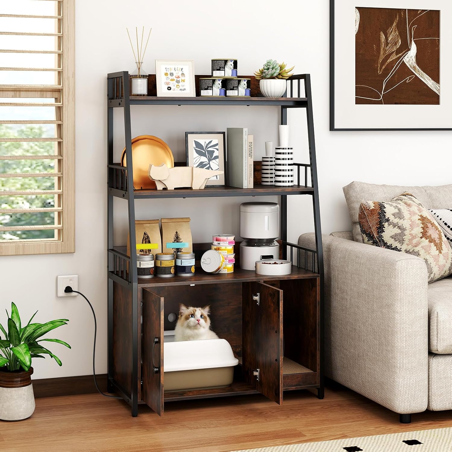 PETSITE Cat Litter Box Enclosure with Storage Shelves, 52 Inches Tall Hidden Litter Box with Charging Station, Scratching Board, and Winding Entry (Rustic Brown)