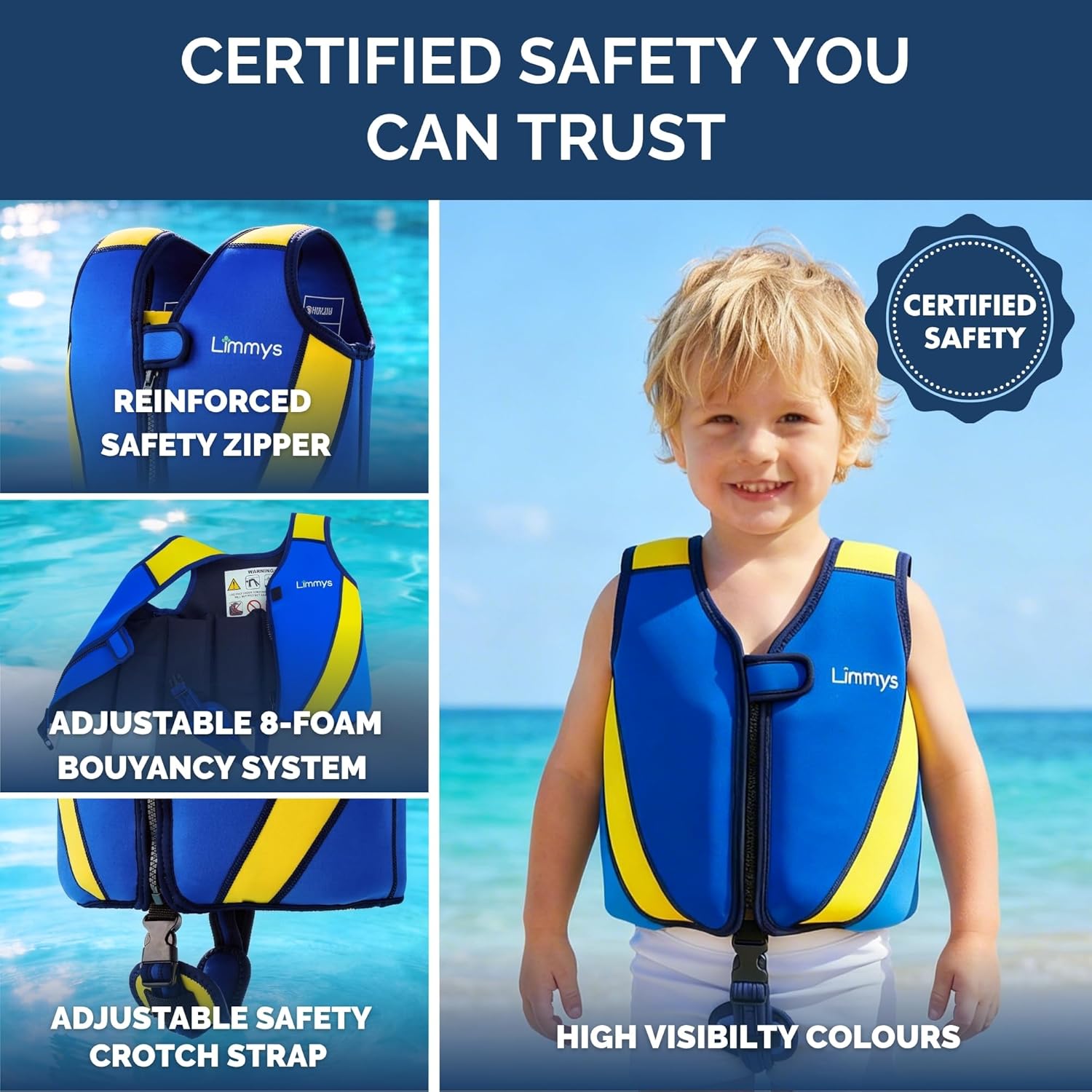Limmys Swim Vest for Toddlers & Kids - Adjustable Buoyancy Swimming Aid, CE Safety Certified, Award-Winning Parent-Approved Design, Soft Neoprene Comfort, Secure Durable Design, Carry Bag Included