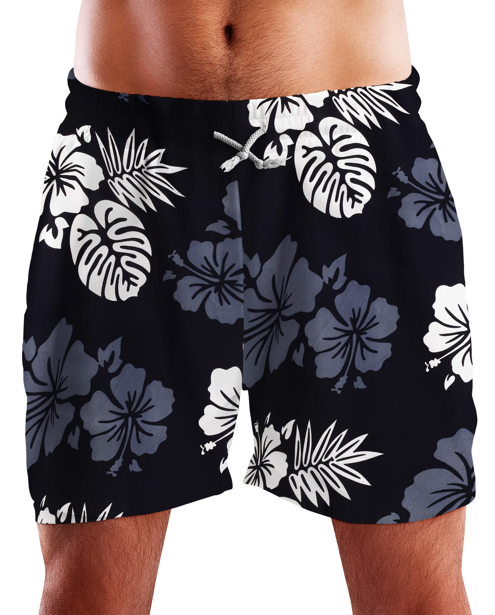 King Kameha Funky Hawaiian Board-Shorts Trunks Swim-Pants, Mono Hibiscus, Black White, S