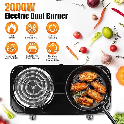 Miniatura 3 de Placa de cocción doble, quemador portátil de encimera de 2000 W y estufa eléctrica, estufa de hierro fundido de 5 niveles de temperatura para hogar,