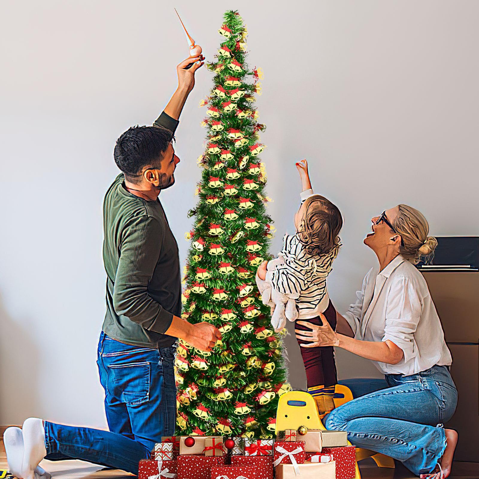 150cm arbol de Navidad Plegable,con strella Superior y 5 m de Luces de Hadas,Montaje rápido, Plegable, Decoraciones navideñas para casa, Chimenea, Oficina, Tienda, Hotel,Lentejuelas de Campana