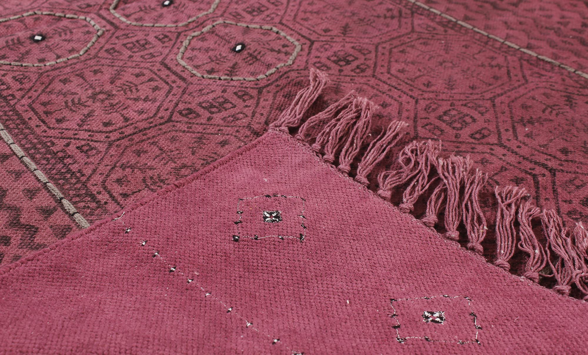 Dhurrie Teppich mit Handblockdruck, flach, handgewebt, Quaste, Boho, indischer, böhmischer Akzent, handgefertigt, handgewebter Teppich für Eingangsbereich, Flur 330 x 330 cm (11 x 11 Fuß im Quadrat)