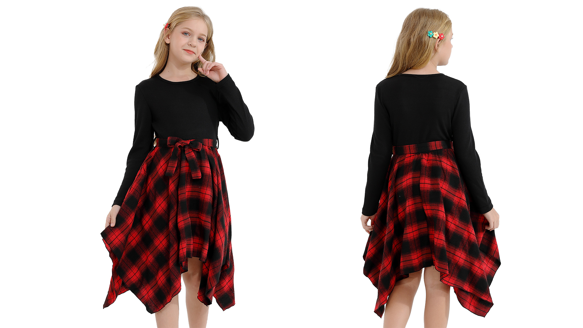 Amazon.com: Girls Fall Dress Long Sleeve Casual Red Dresses Plaid Round  Neck with Belt 7-8Y: Clothing, Shoes & Jewelry