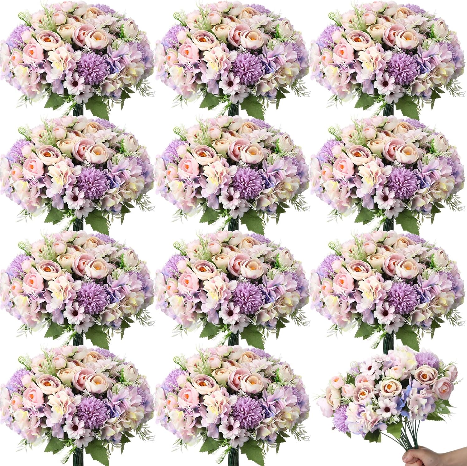 Tigeen 12 Bundles Peonies Artificial Flowers Faux Roses Silk Flowers Hydrangea Artificial Bouquet for Wedding Table Centerpiece Floral Vase Home Office Bridal Decor (Purple)