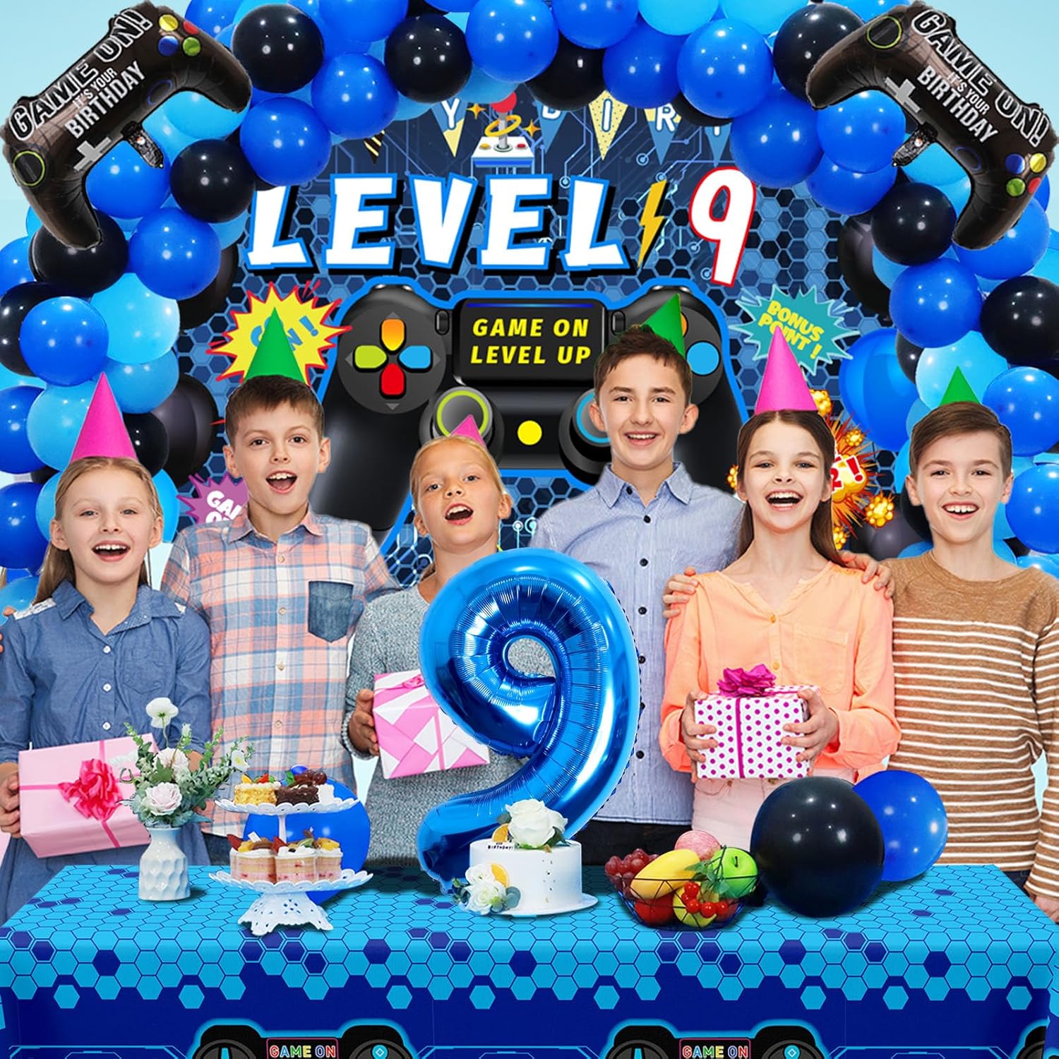 Vlipoeasn 90PCS Video Game Party Decorations for Boys Set Blue - 9th Birthday Supplies - Video Game Backdrop, Balloons, Tablecloth, Gamer and 9 Foil Balloons