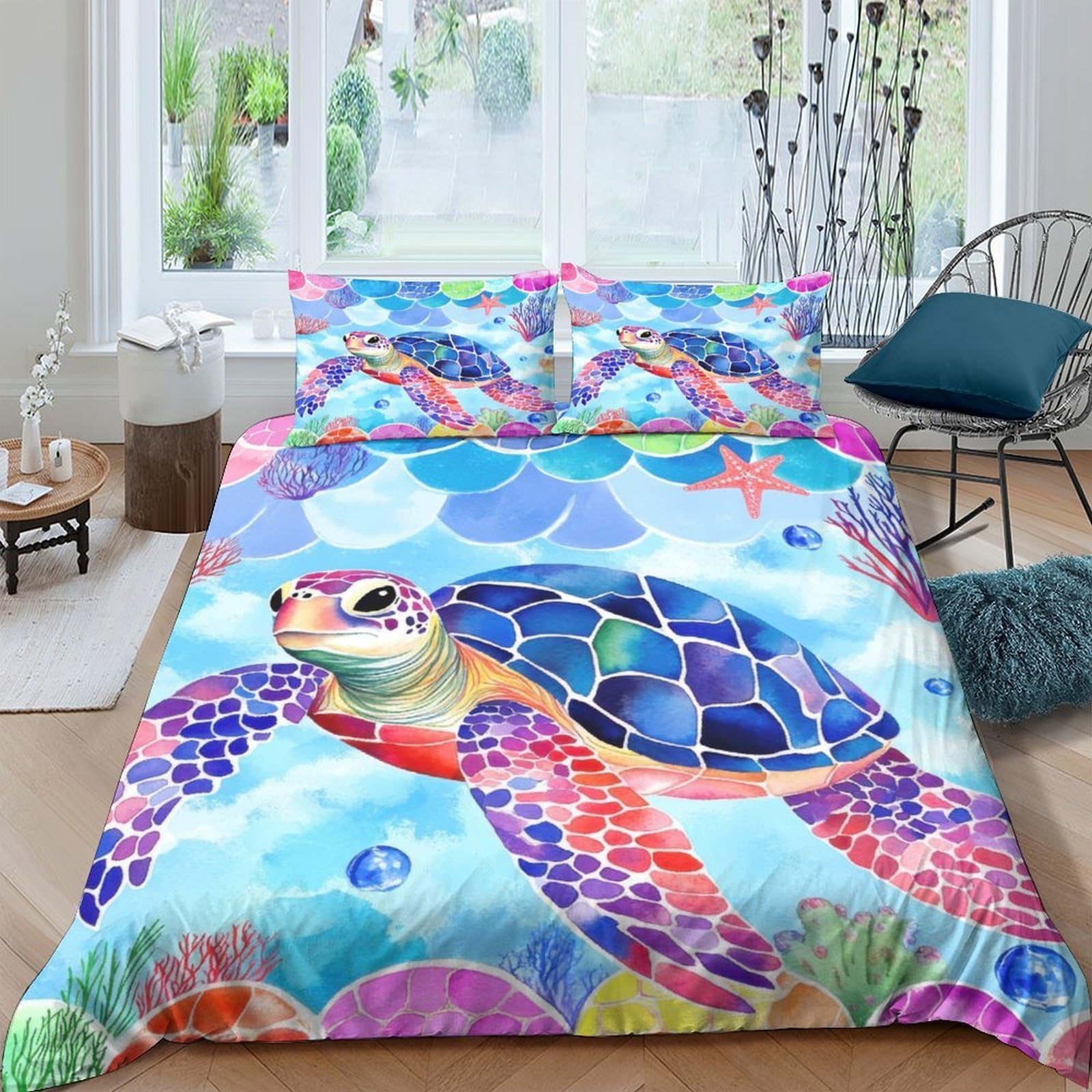 Ctjqhvkz Style-4 3D Printed Colorful Sea Turtle Fitted Sheet Microfiber Breathable Ocean Reef Bed Cover For Bedroom Dorm Easy Care Single（135X200cm）