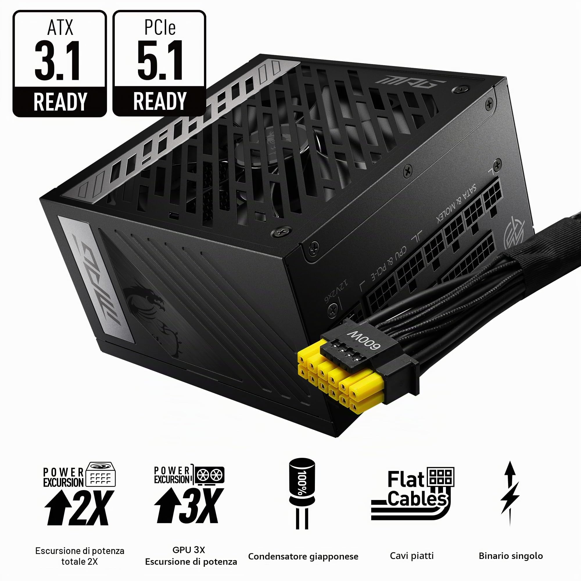 MSI MPG A850G PCIE5 Alimentatore, spina EU – 850W, certificato 80 Plus Gold, ATX 3.0, completamente modulare, supporto GPU PCIe 5.0, condensatori giapponesi da 105°C, cavi piatti – garanzia 10 anni