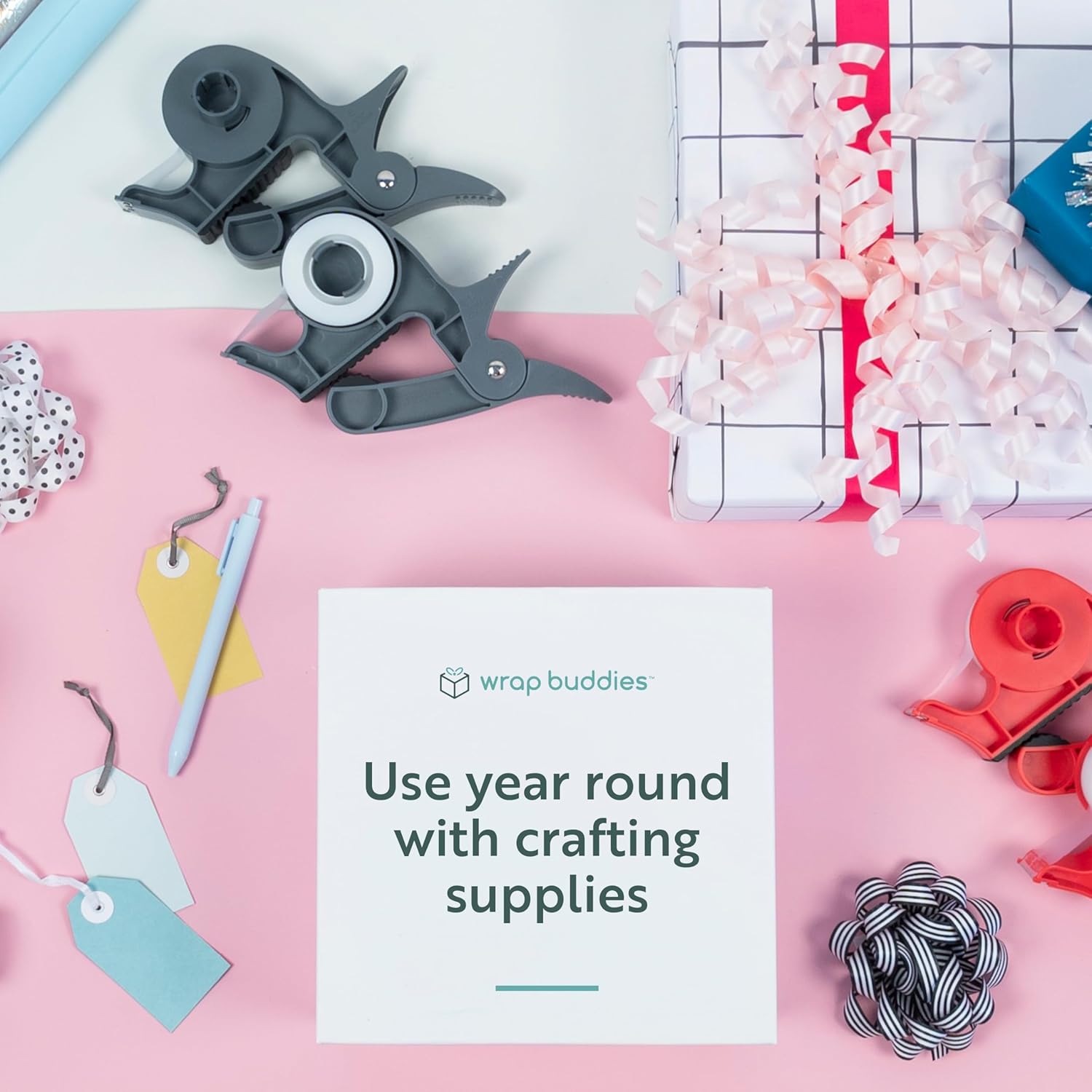 Wrap Buddies Tabletop Gift Wrapping Tool – Set of 2 Adjustable Wrapping Paper Table Clamps with Gift Wrap Tape Dispenser – One-Handed Tape Cutter – Perfect for Holidays and Crafting – Slate Grey
