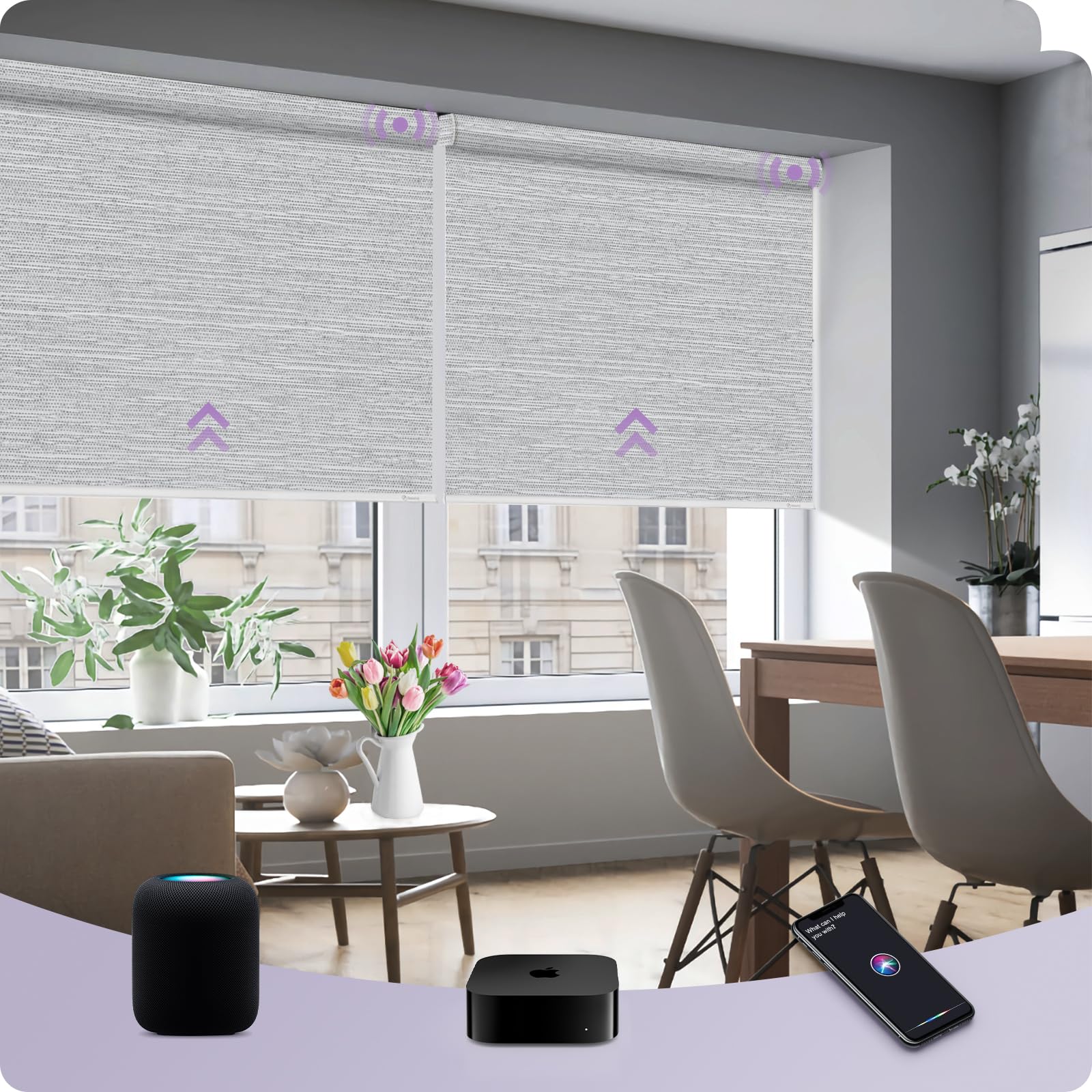 Graywind HomeKit Smart Blackout Shades Eve Powered Siri Voice Control Home App Rechargeable Motorized Blinds with Valance Custom Size (Jacquard Grey)