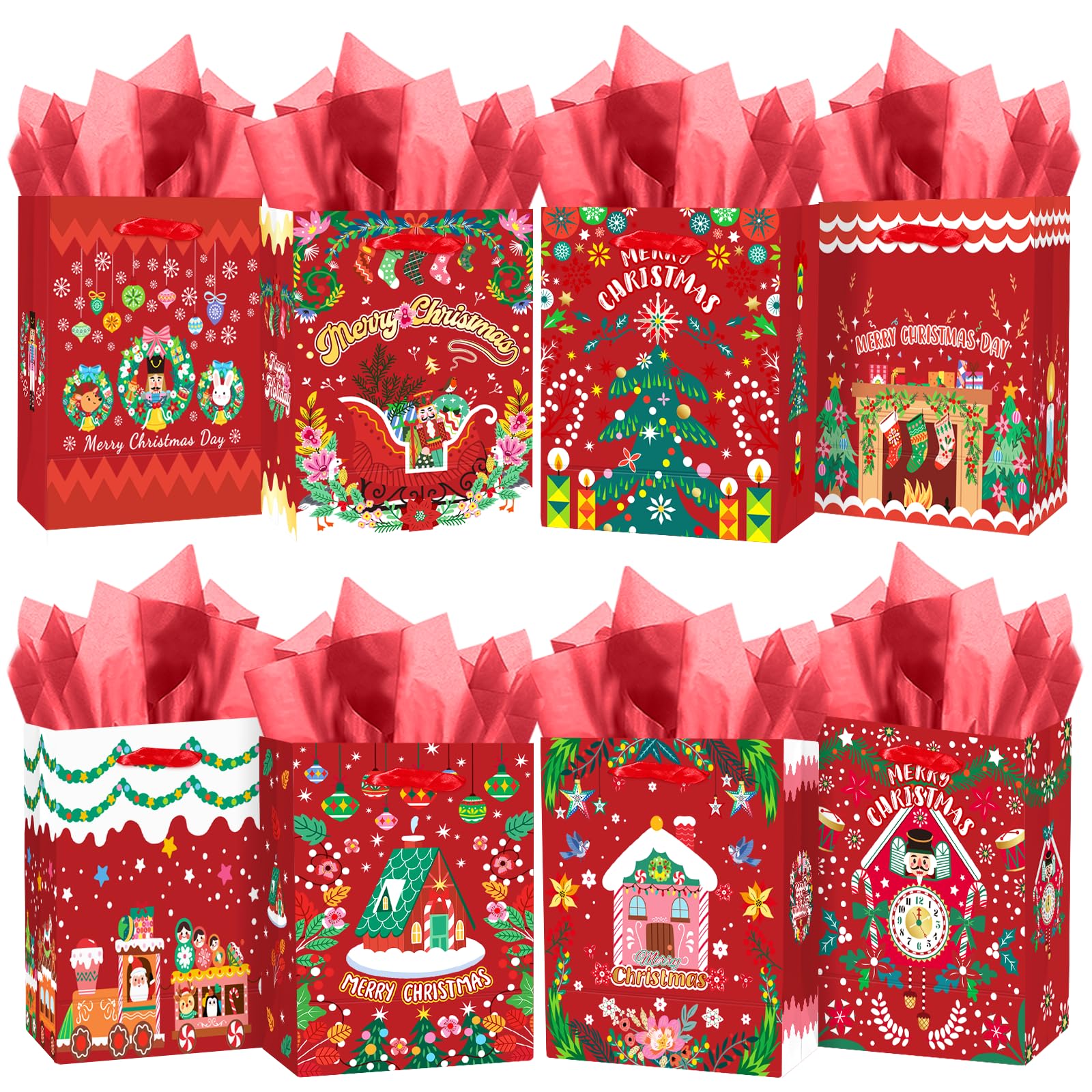 Gcardist Christmas Bags Set of 8 - White Bags with Skibobs Design(8PCS with different patterns, Tissue Paper included, Medium Size 4.3"x 7.7"x 9.6") โ image 1