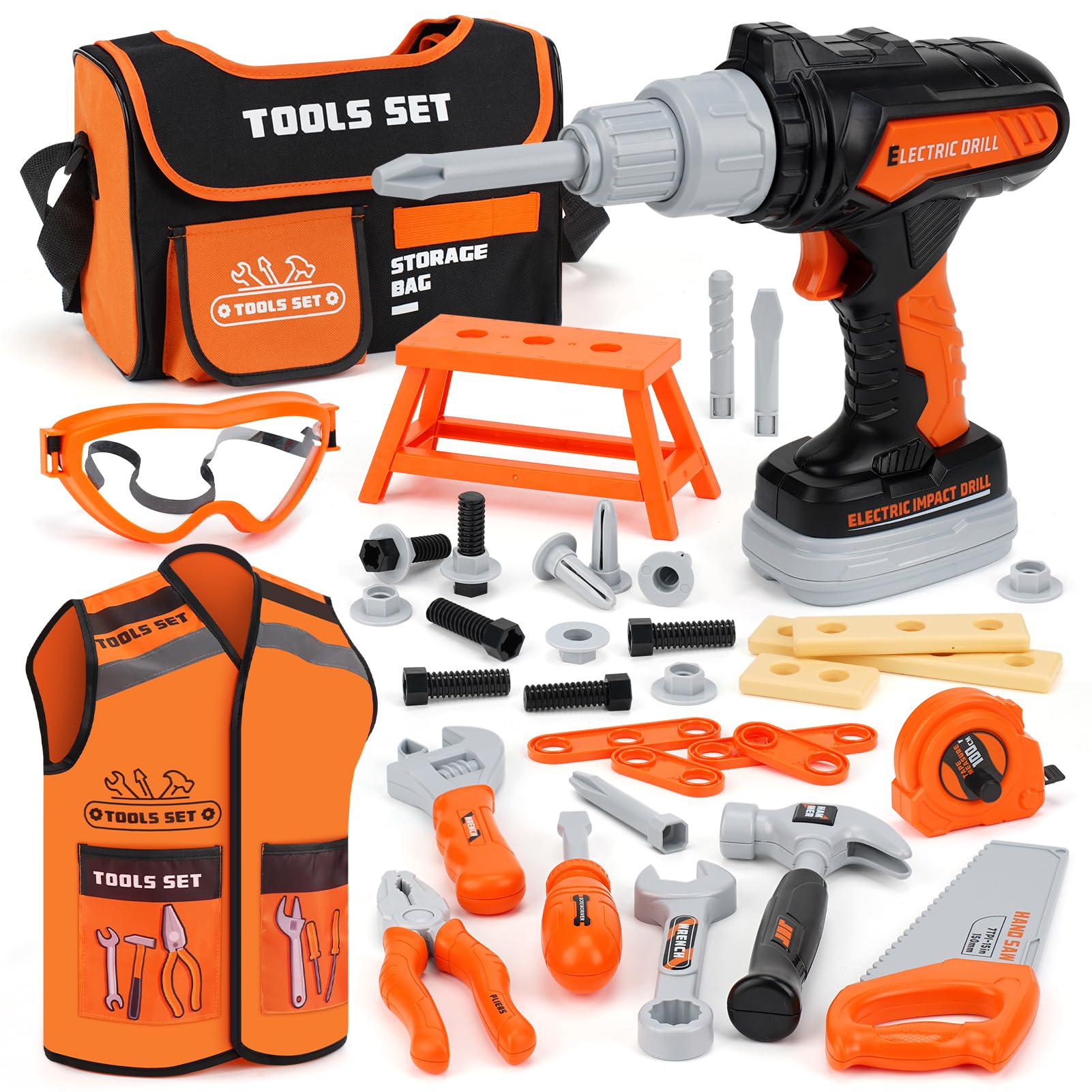 Vanplay Juguete Niños 3 Años Caja Herramientas Juguete con Taladro Eléctrico, Bolsa de Herramientas y Chaleco, 43 Piezas Juegos Niños Regalo Niño 3 4 5 6 Años