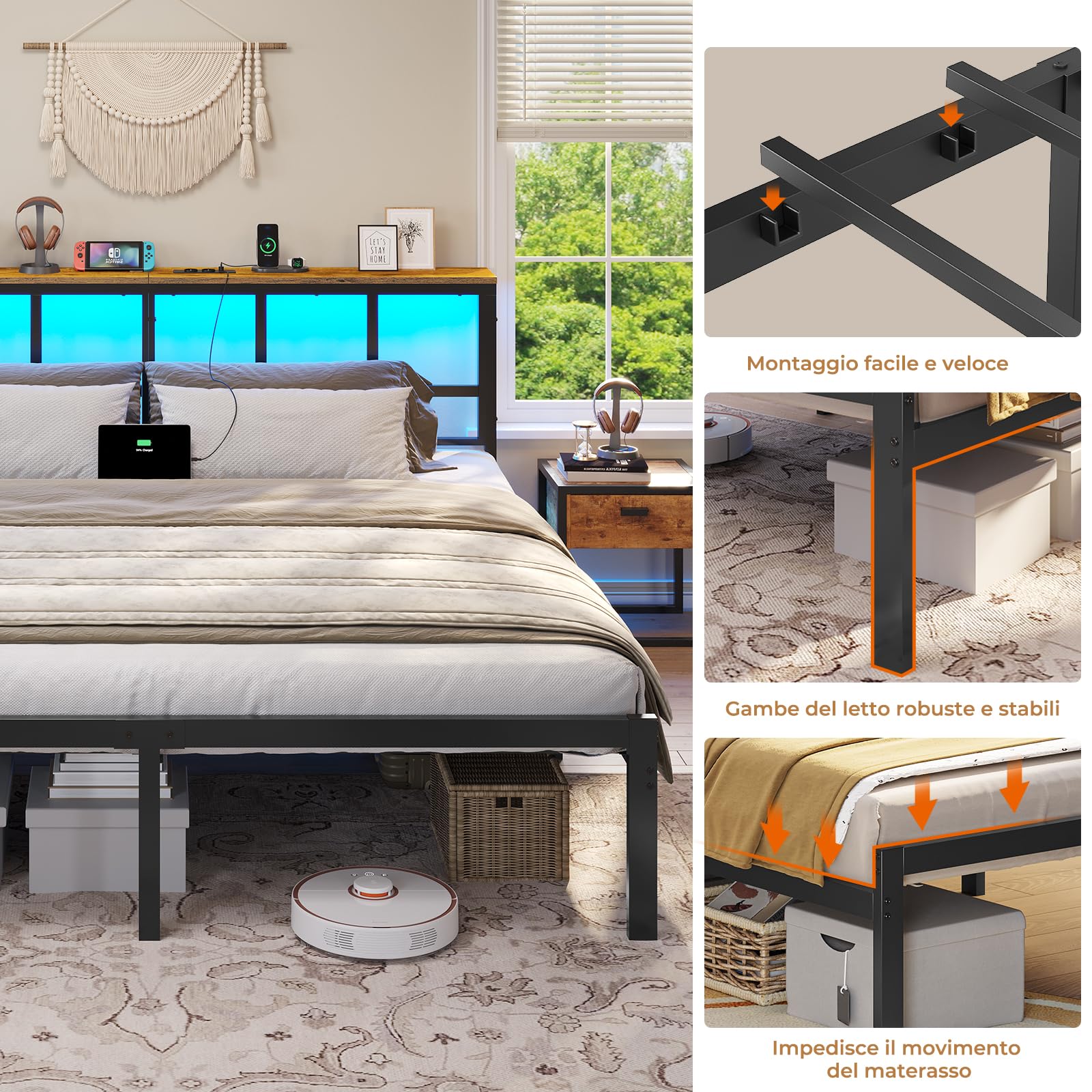 Brinlawb Struttura Letto Matrimoniale 180x200 cm con Luce LED e Stazione di Ricarica (2 Prese CA, 2 Porte USB) Struttura Letto 180x200 cm con struttura in metallo, Forte e stabile, Facile da montare