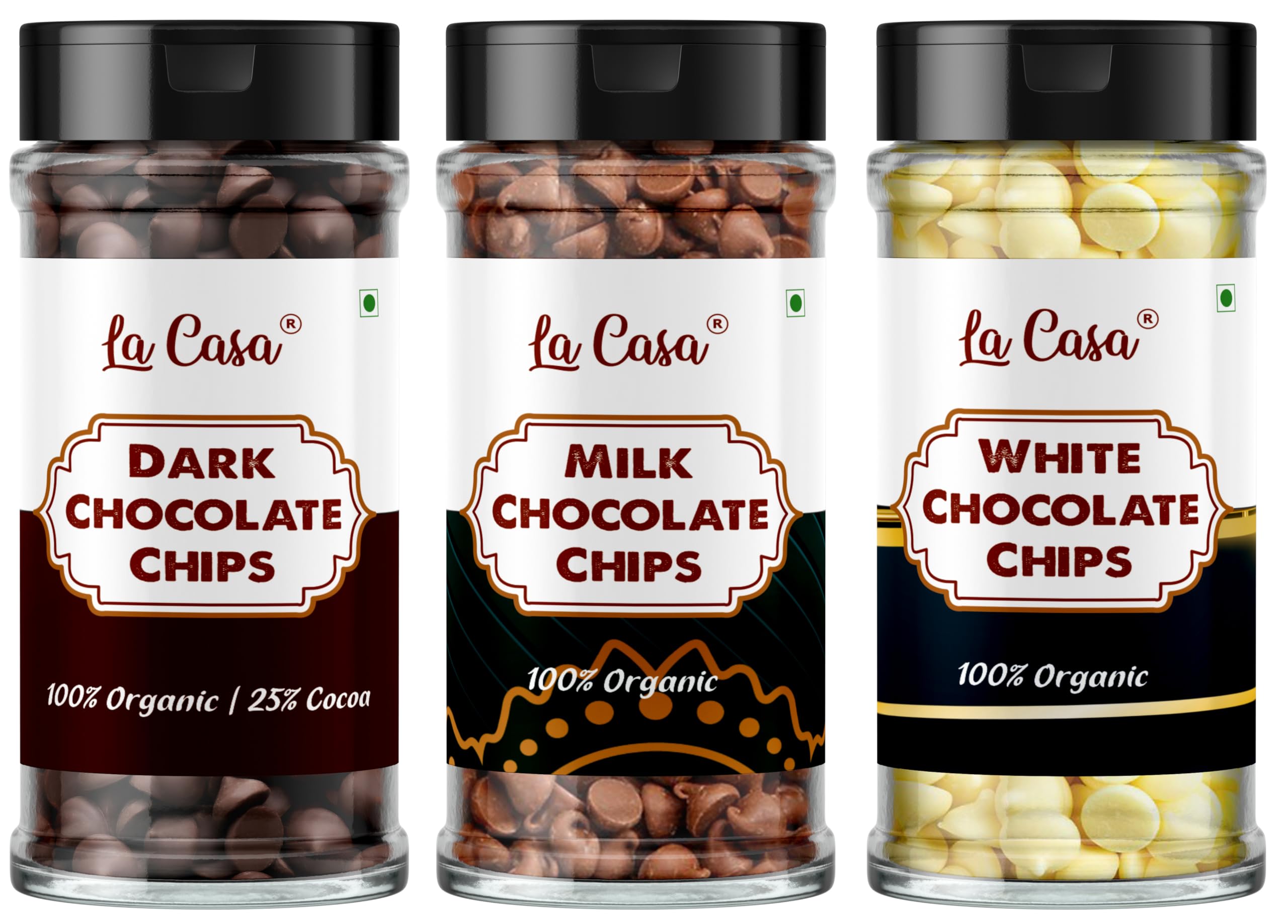 La Casa Milk+Dark+White Chocolate Chips | Ideal for Baking & Garnishing | 3x100g |