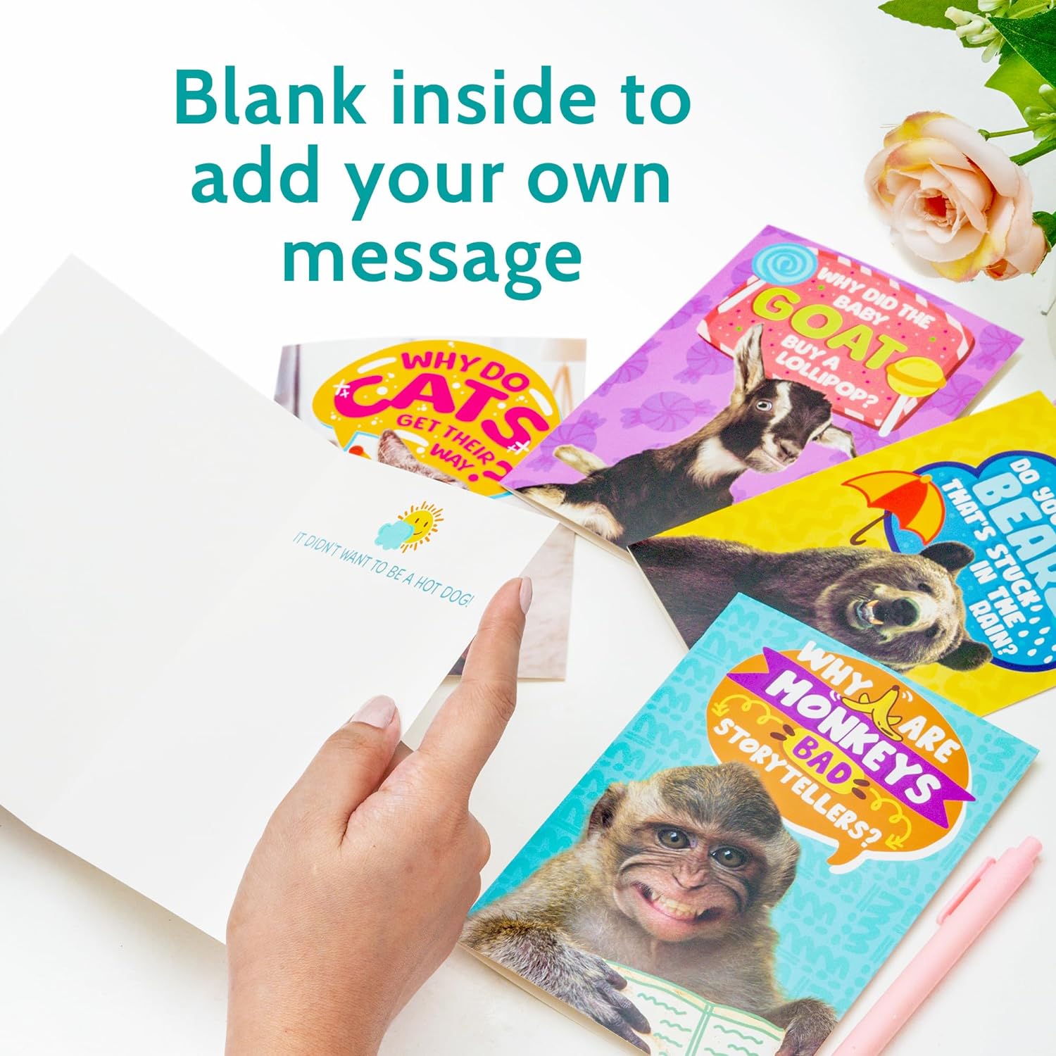 T MARIE 24 Funny Animal Joke Notecards With No Repeats - Humorous Bulk Cards Set - 4.5” x 6.25” Thinking of You Cards for Friends, Kids, Students, Teachers, Summer Camp and More - Image 3