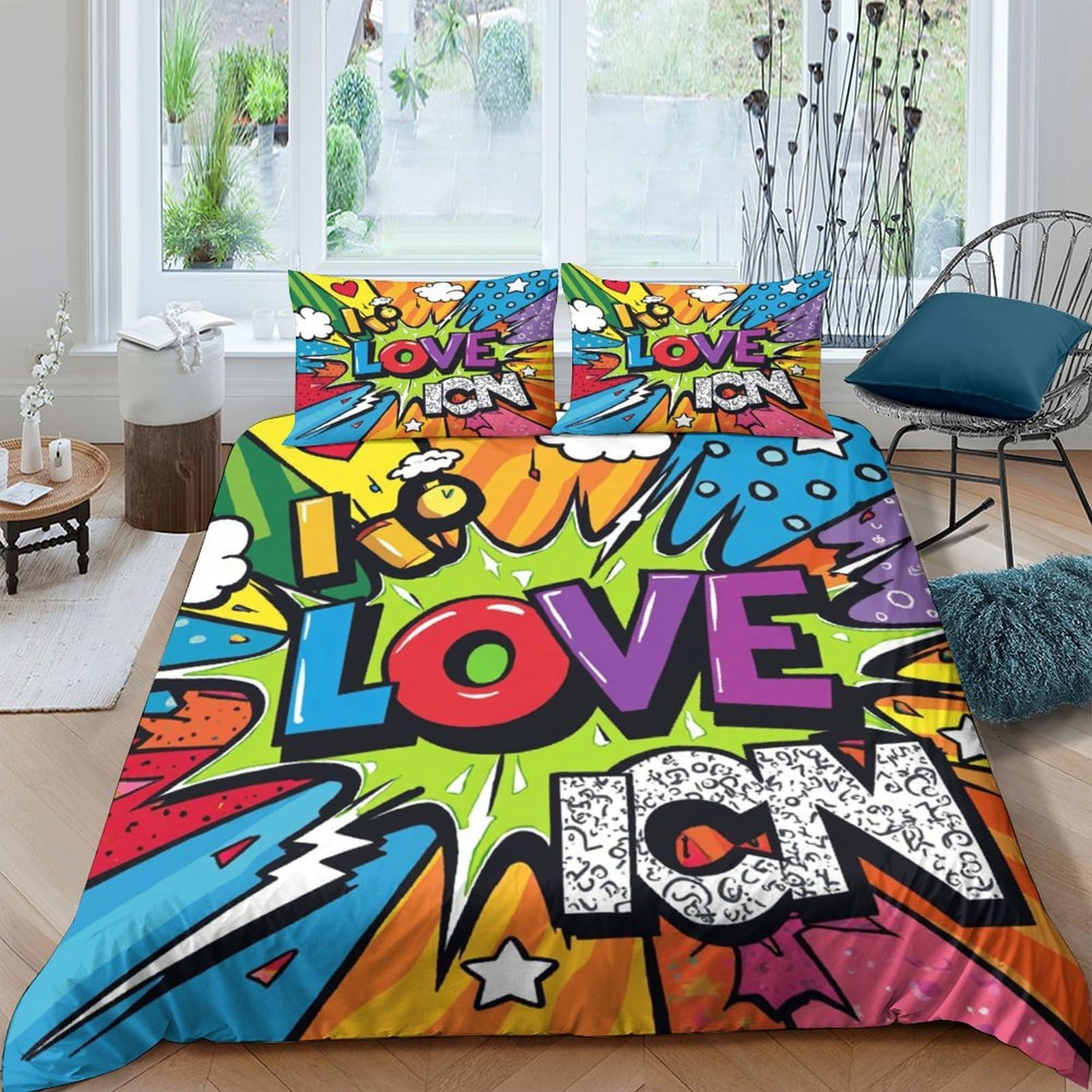Ctjqhvkz Style-10 3D Printed Graffiti Pop Art Fitted Sheet Microfiber Colorful Comic Style Bed Sheet Anti-Slip Machine Washable For Home Bedroom Decor Single（135X200cm）