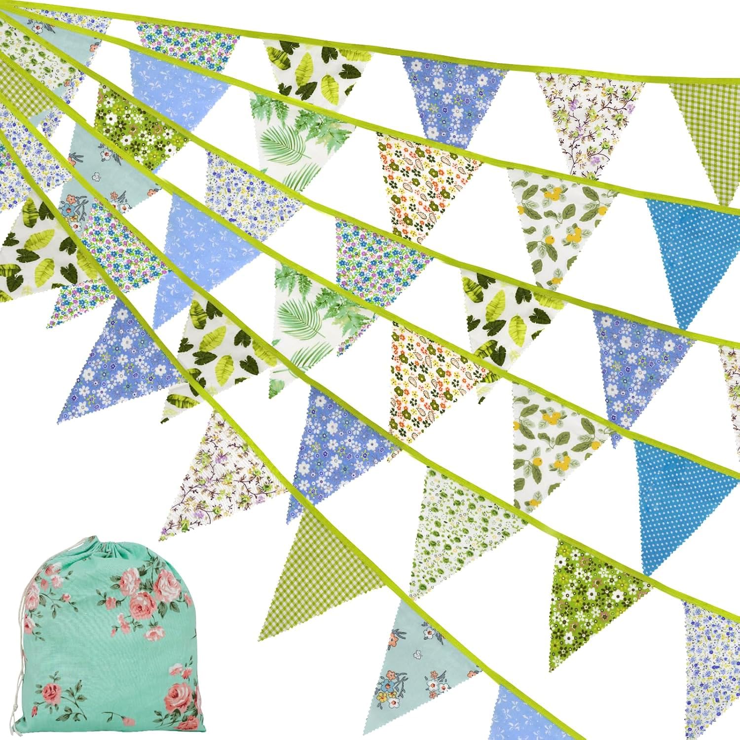 42pcs 12M40FT Fabric Bunting Decoration Green Bunting Fabric Spring Summer
