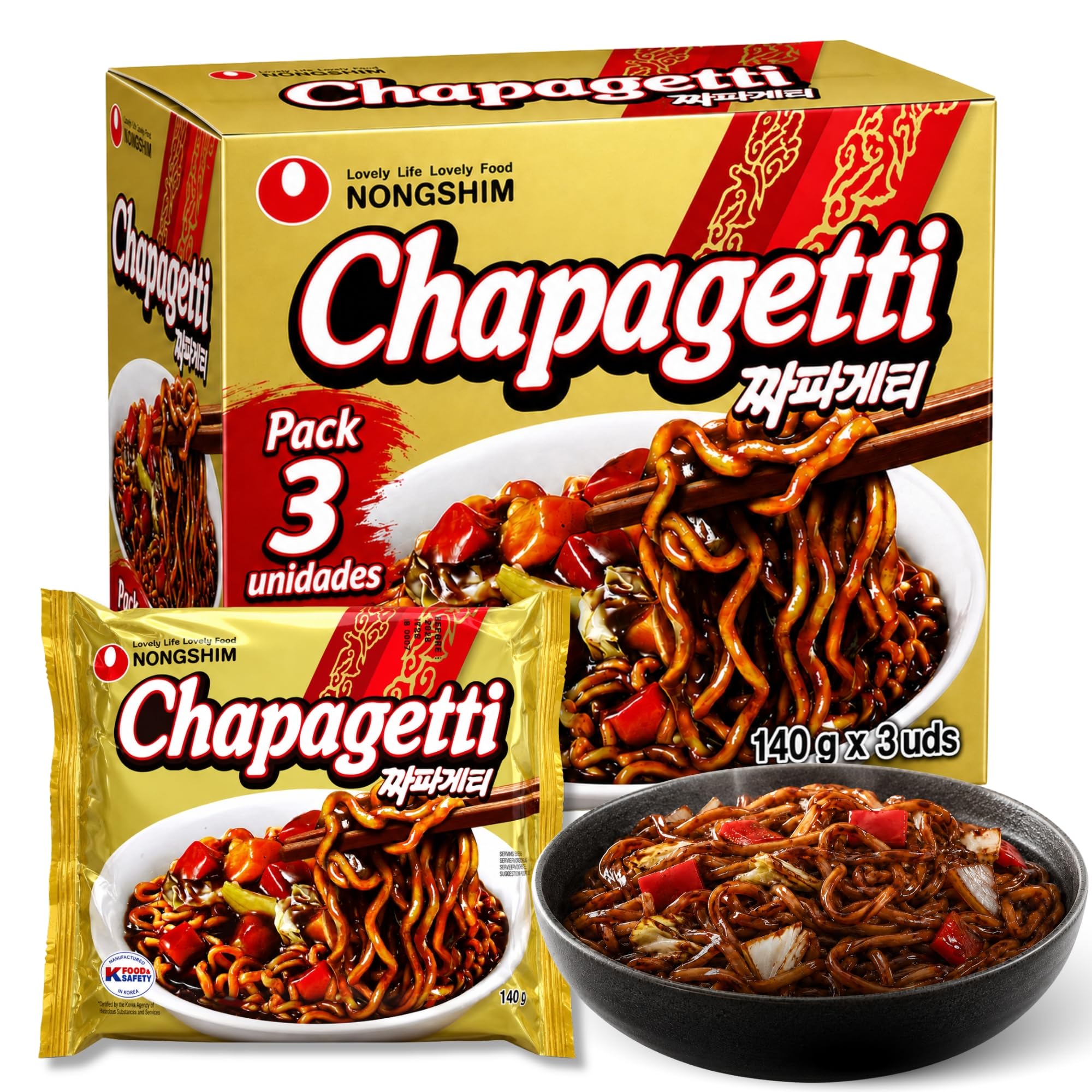 Ramen Coreanos Chapagetti, Fideos Instantáneos Chapagetti, Instant Noodle Ramen Corea, Original Coreano, Agrega agua caliente y cocina por 5 minutos, Sabor picante, 3 unidades de 140 g
