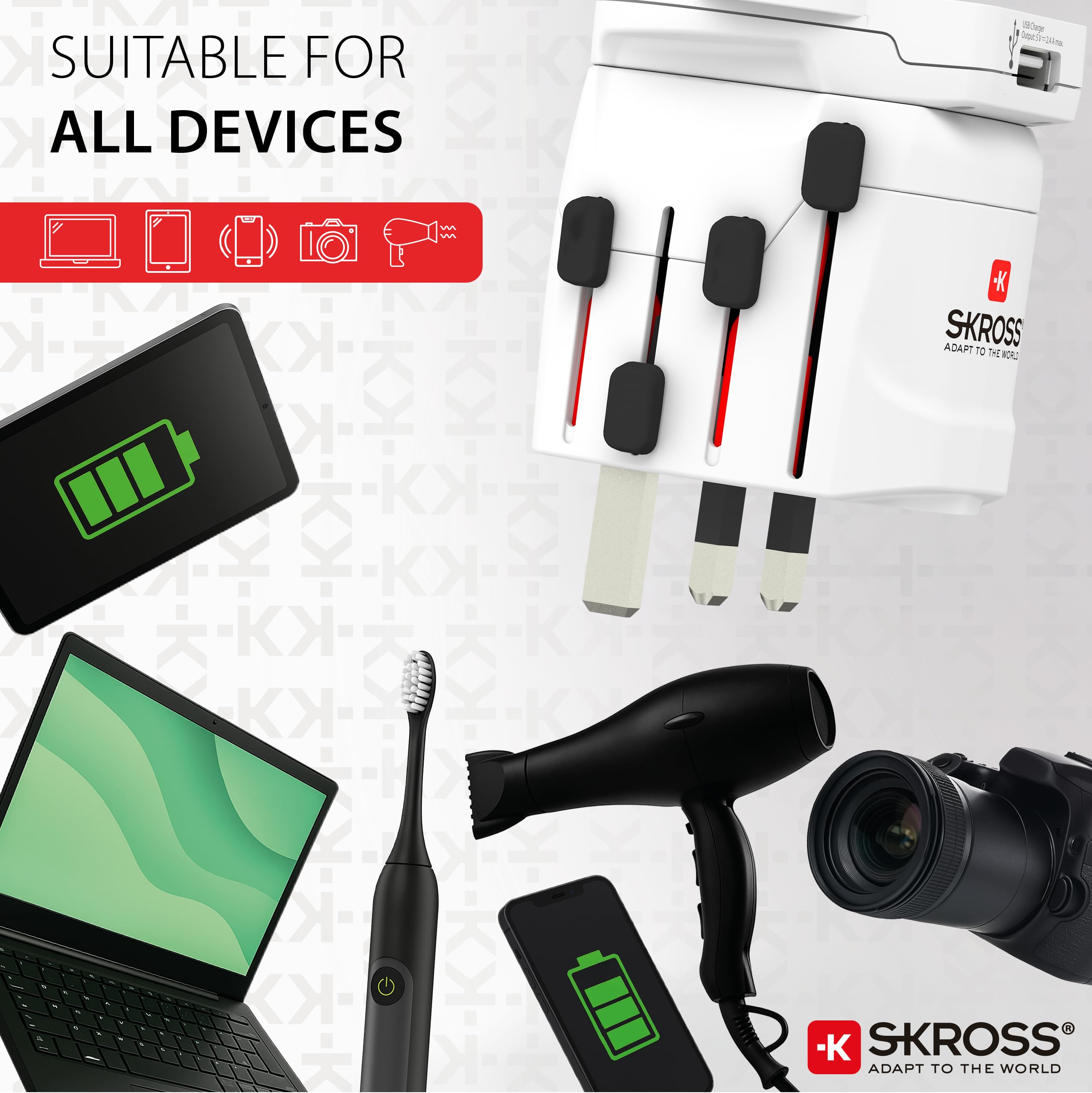 SKROSS 1.302539 | PRO – World & USB | 2 w 1 - Uniwersalny adapter podróżny do i z całego świata - Napięcie i moc: 100 V – 700 W / 250 V – 1750 W - Gniazdo USB 2,4 A - Ochrona przed wstrząsami, Biały