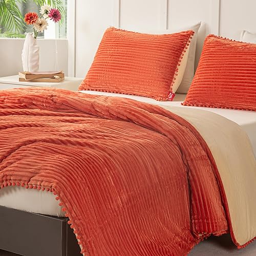 Miniatura 9 de Juego de edredón reversible de color naranja quemado bohemio, tamaño King, 3 piezas con flecos de pompones, estético, terracota a rayas, juego de