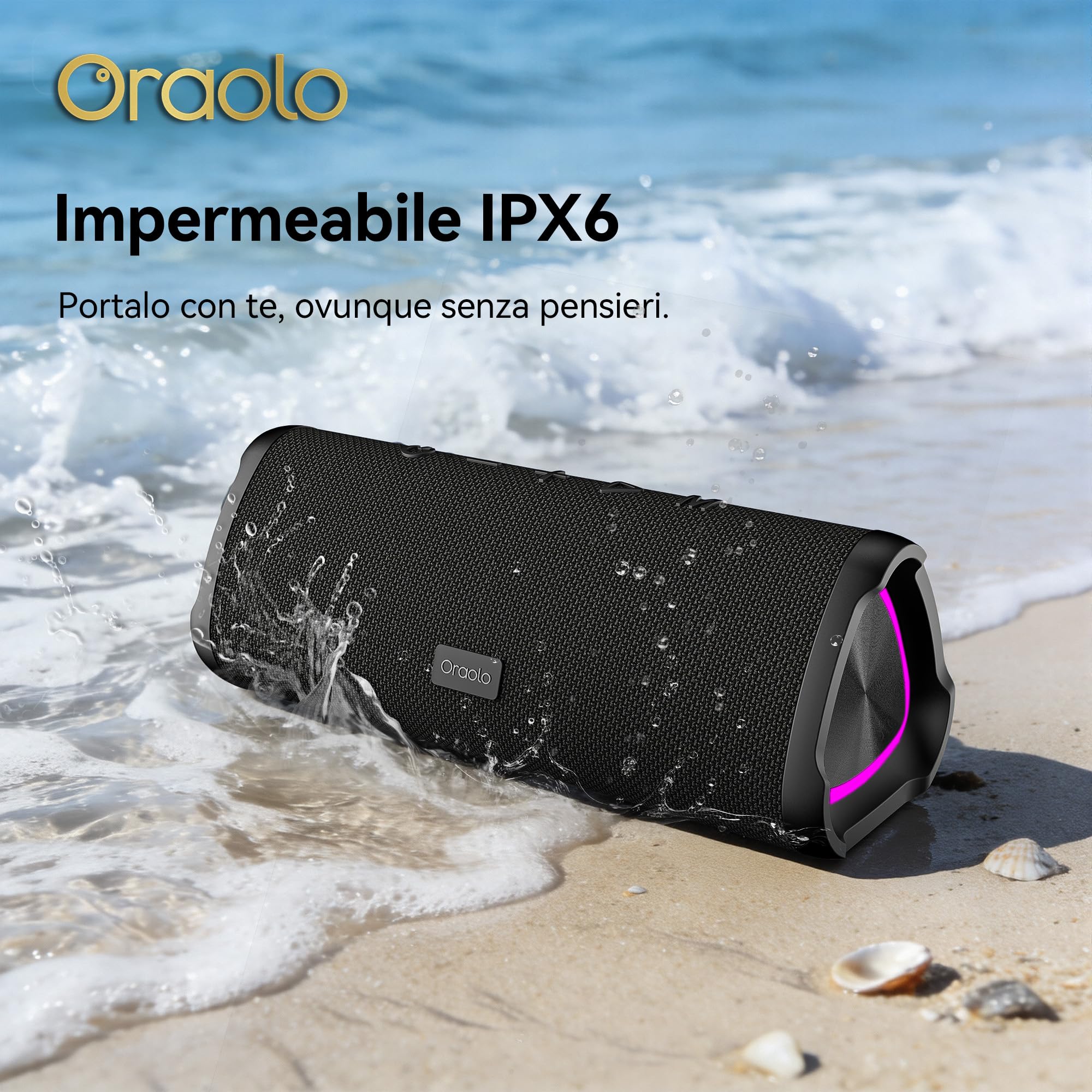 oraolo Cassa Bluetooth, Altoparlante Portatile Wireless con Suono Stereo Cassa Bluetooth Potente da 20W, Luci RGB, Bluetooth 6.0, Supporto AUX/TF Card, Impermeabile IPX6 per Esterno, Adatto per Feste