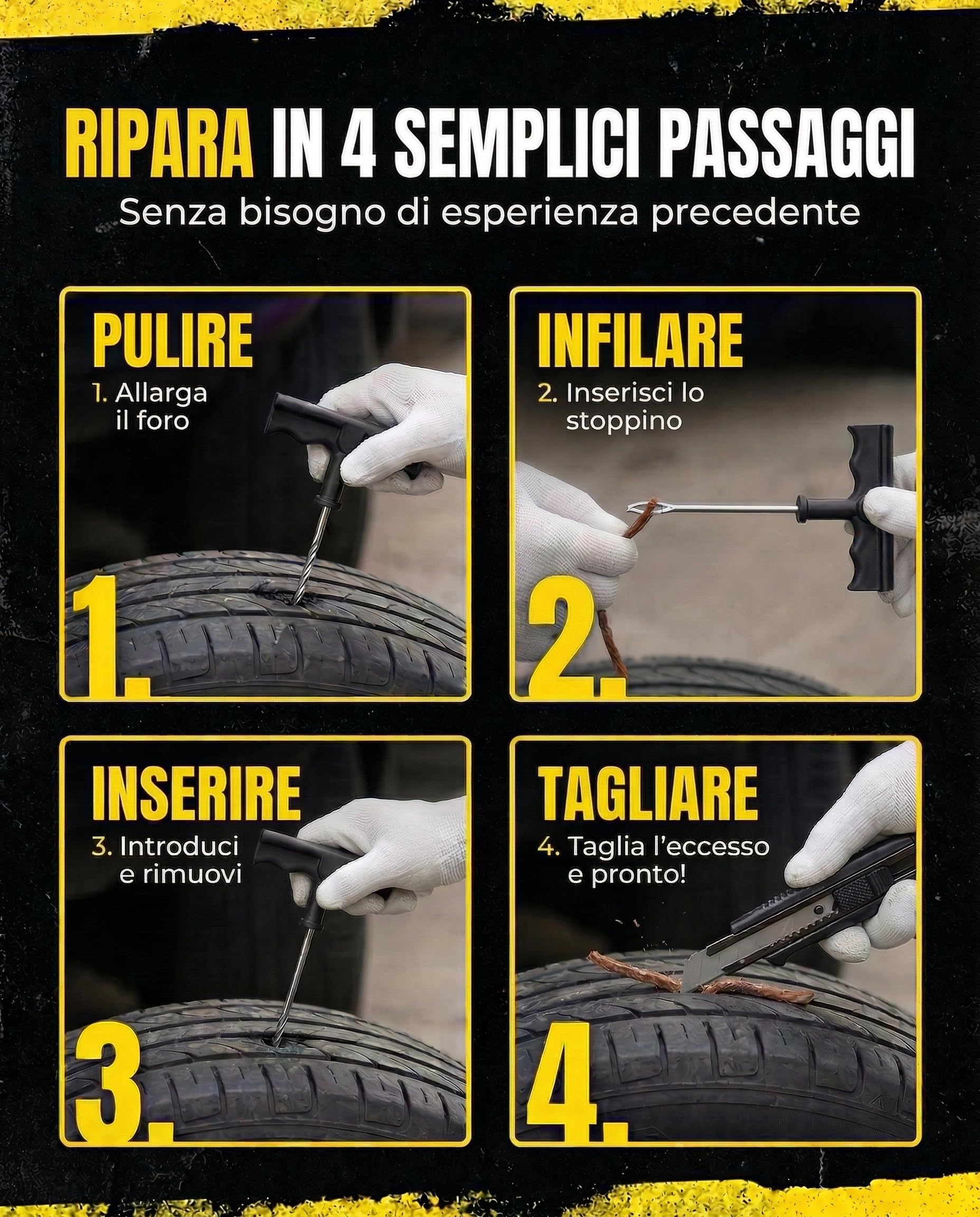 Kit Riparazione Pneumatici Auto - Kit Foratura Moto - Pronto in 15 Minuti - Include 10 Tasselli, 2 Attrezzi a T, Guanti e Taglierino - Kit Rparazione Gomme - 1 unità