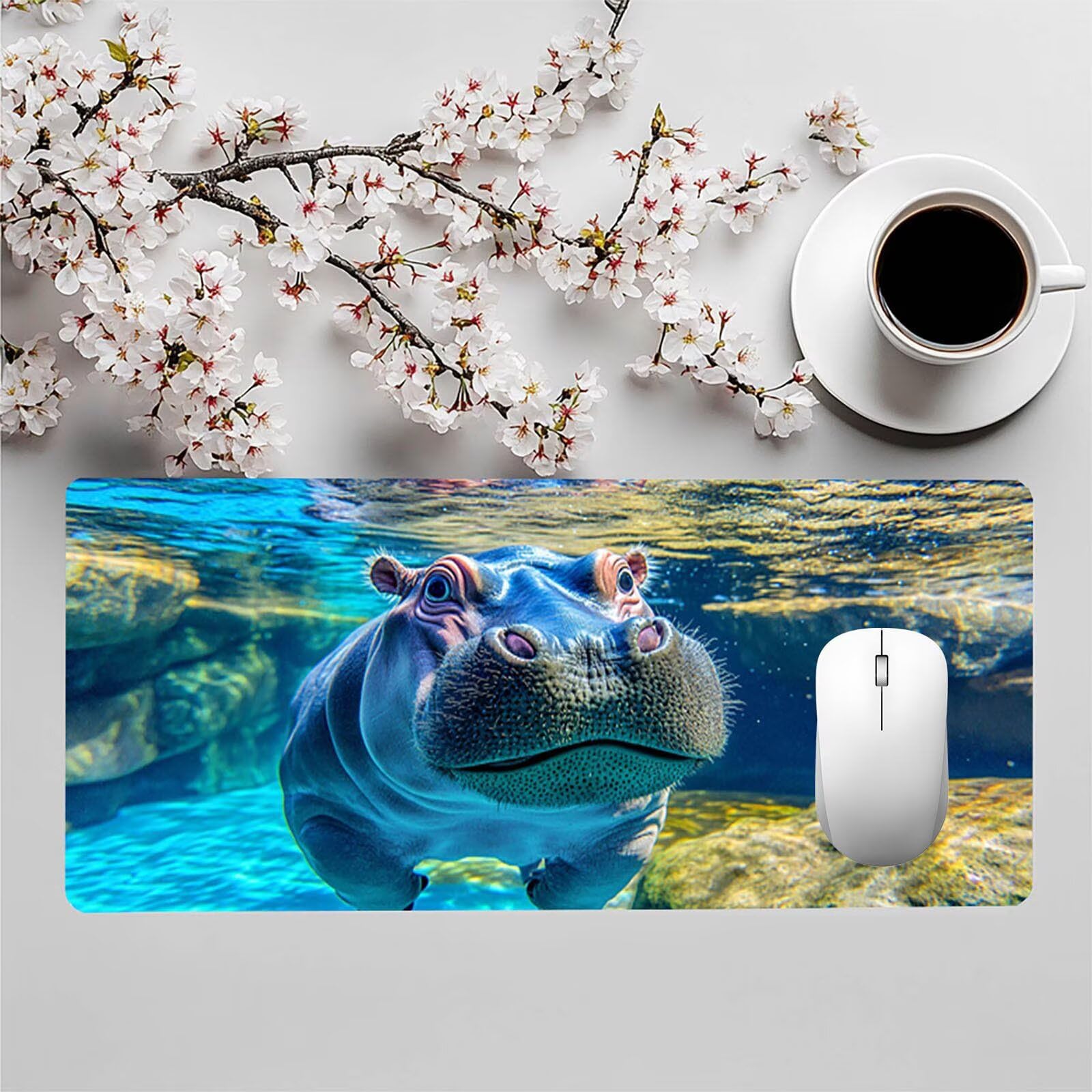 Podkładka pod mysz XXL 120 x 60 x 0,3 cm, duża mata na biurko dla zwierząt, antypoślizgowe i wodoodporne szyte krawędzie, podkładka pod mysz hipopotam kompatybilna z bezprzewodową klawiaturą i myszą