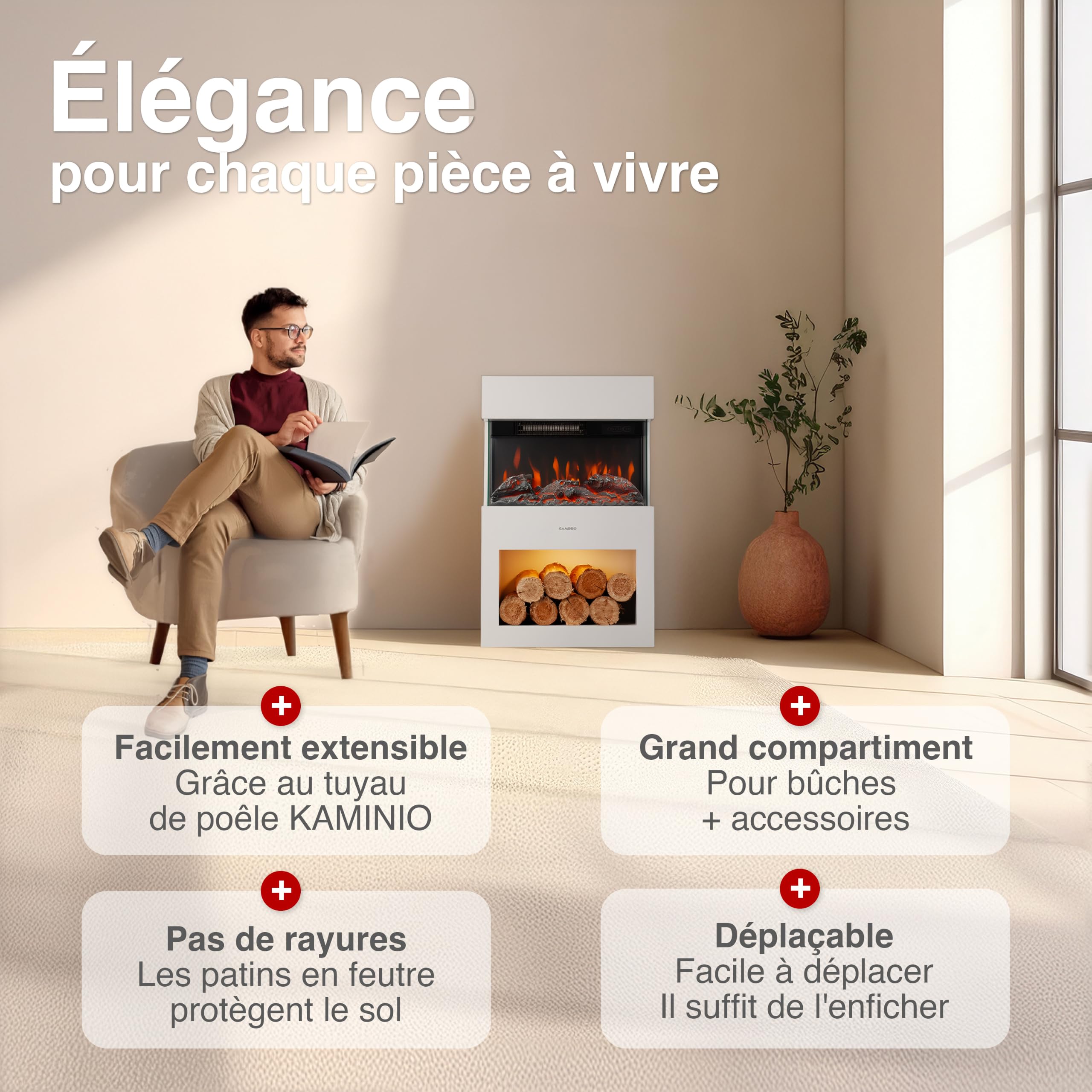 KAMINIO Cheminée Electrique Henri - Poêle Électrique avec Chauffage, Effet de Flamme 3D, Compartiment à Bois, télécommande (Blanc)