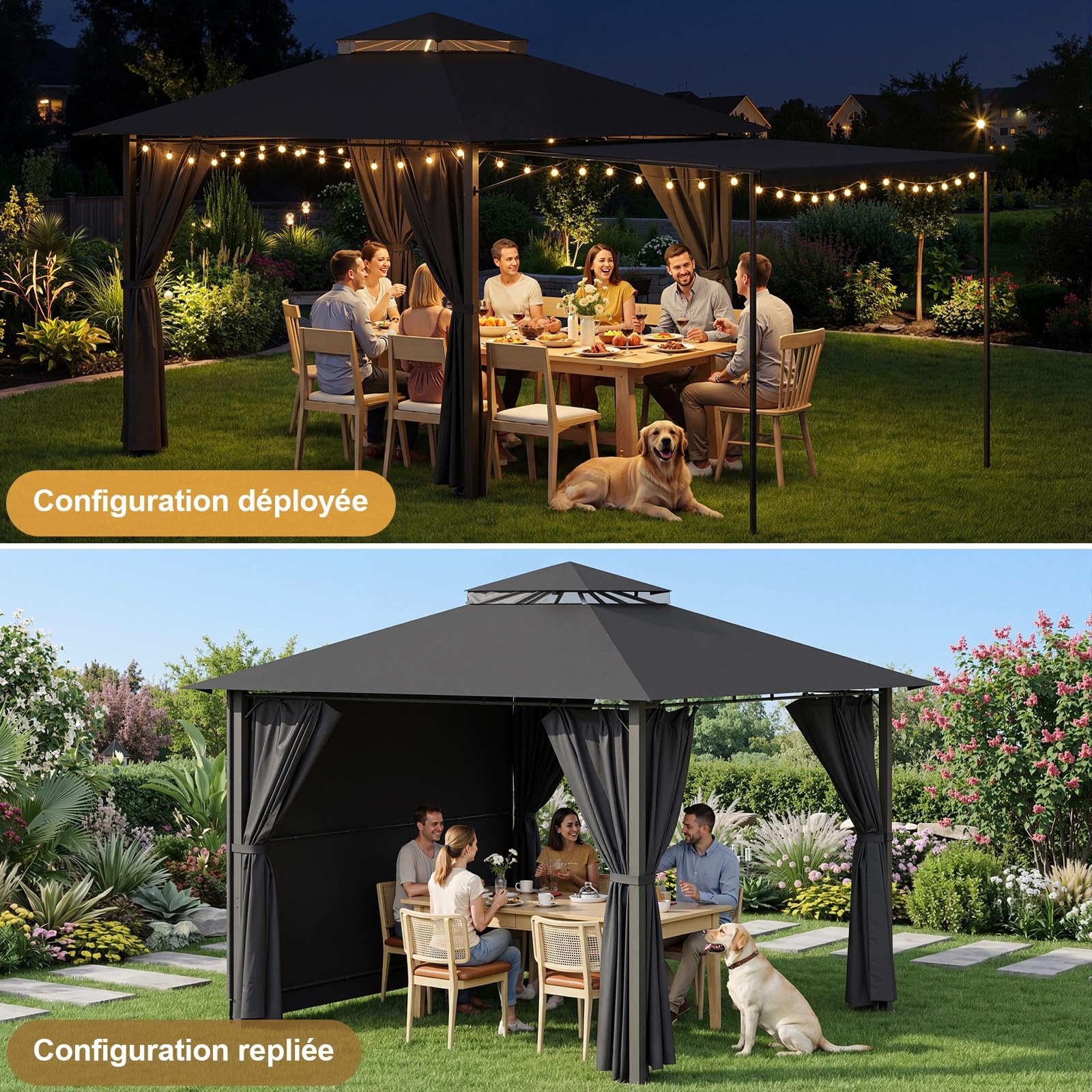 Devoko Tonnelle de Jardin Exterieur 3x3 m avec Auvent Latéral, Tonnelle Imperméable Stable, Protection UV 50+, Pergola Jardin Exterieur Extensible à 3x4.7m pour Cour, Terrasse, BBQ Fêtes, Gris