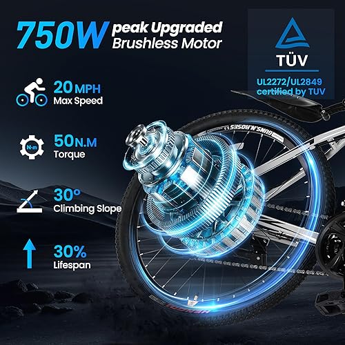 Miniatura 5 de Bicicletas eléctricas de 21 velocidades para adultos, pico de 750 W y 26 pulgadas, 70 millas 20 MPH, batería extraíble de 500 Wh, freno doble,