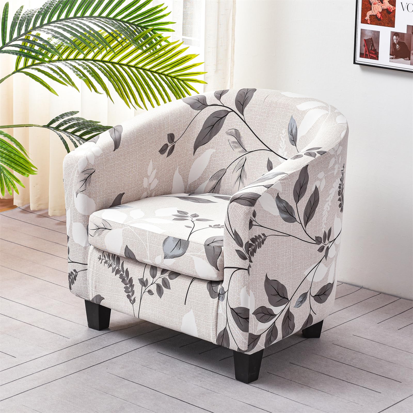 Morbuy Tub Chair Covers 2 Piece, 2 IN 1 High Stretch Club Chair Covers with Cushion Cover Soft Armchair Slipcovers for Dining Living Room Office Reception (Grey Foliage)