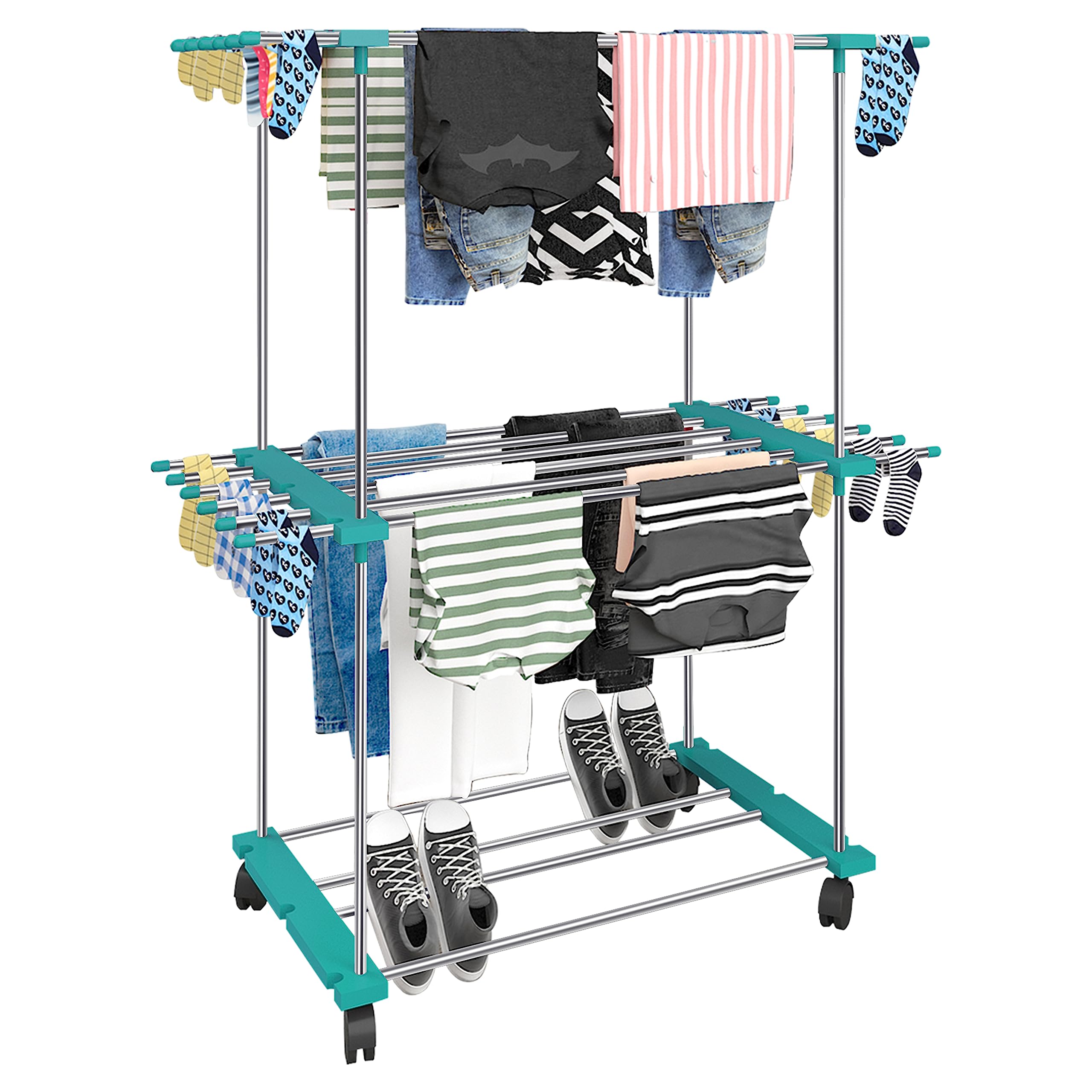 TNT The Next Trend SS Trixy - Stainless Steel Clothes Stand for Drying | Cloth Drying Stand with Wheels | Rust-Proof Cloth Drying Stand for Balcony | 2 Layer, Pine Blue
