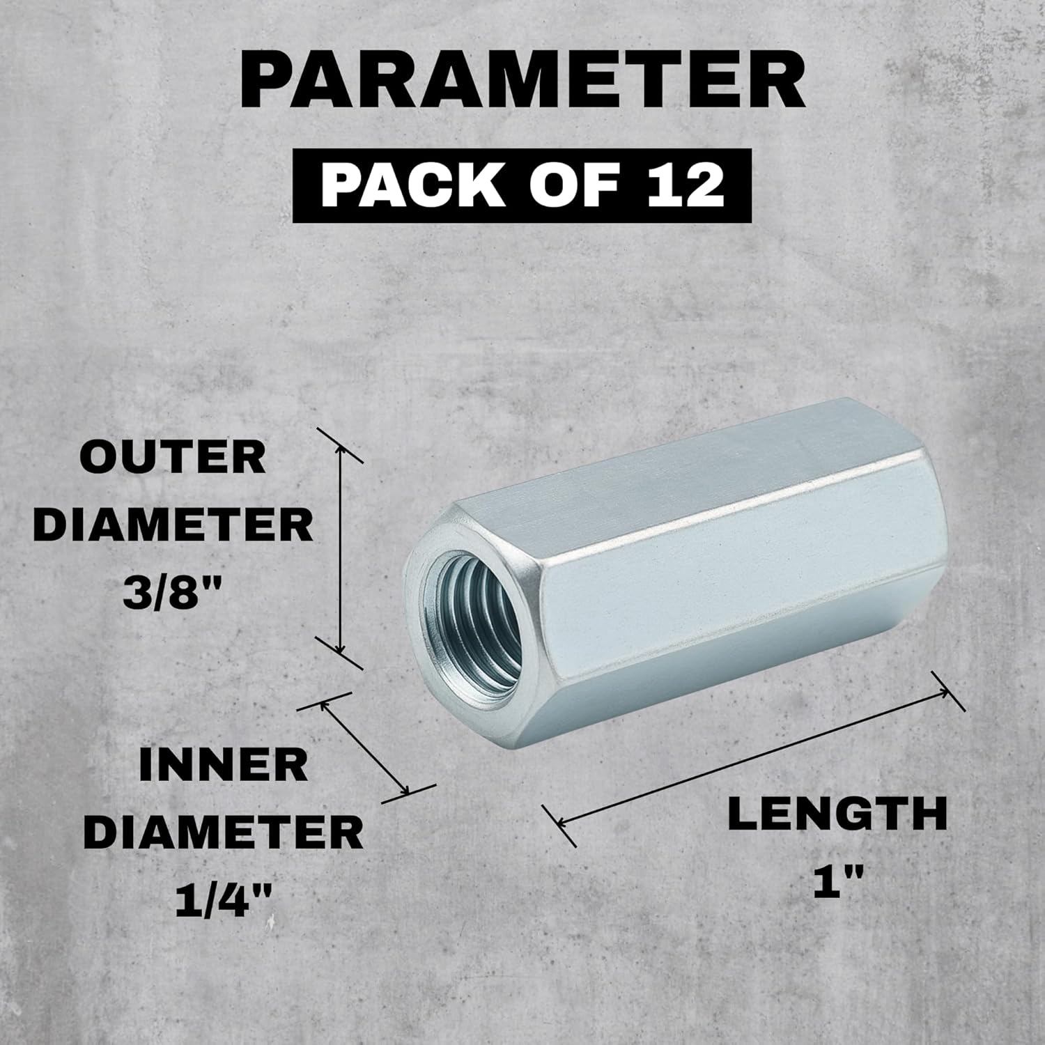 Party Animals 1/2-13 Threaded Rod Coupler Nut, Pack of 12 – Zinc-Plated Carbon Steel Hex Extension Fastener, 1-3/4″ Length