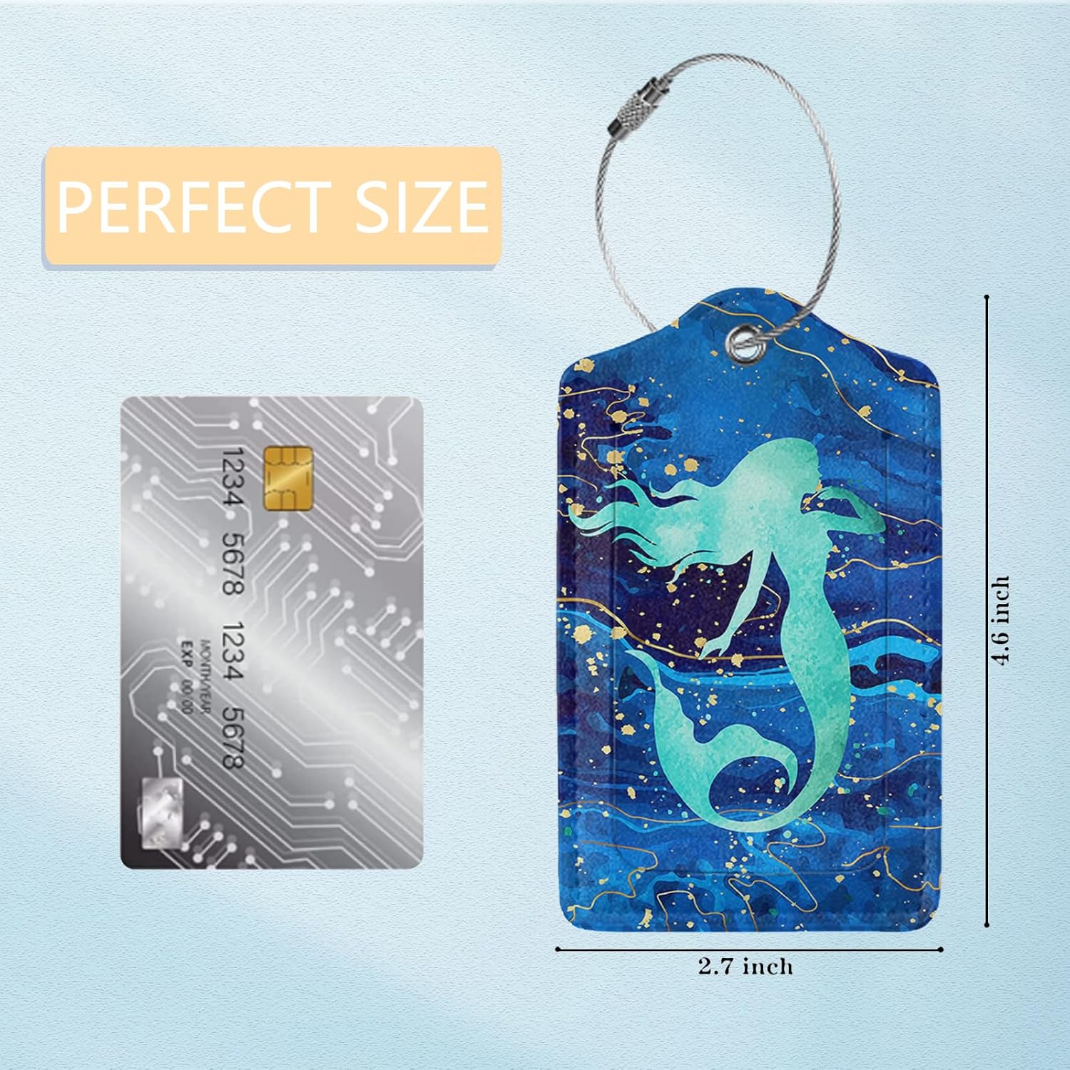 2 Pack Luggage Tag for Suitcases, Blue Marble Mermaid Leather Baggage Tags Privacy Cover ID Label for Women Men Travel