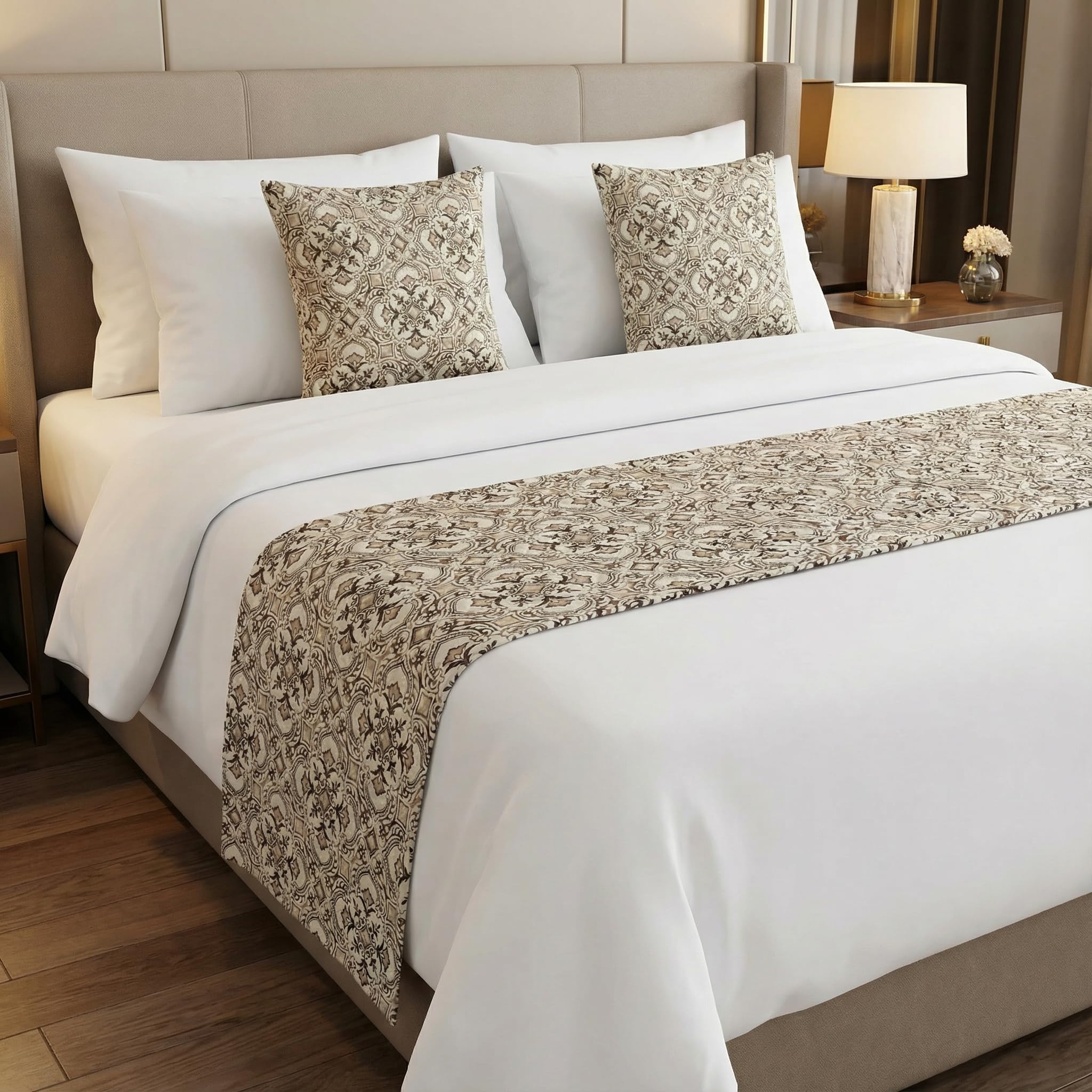 Kingly 3 Piece Velvet Quilted Bed Runner Set with 2 Cushion Covers, Runner for Double Bed/King Size, 16 x 96 Inch + 16 x 16 Inch Cushions - Damask, Beige Brown-image-30