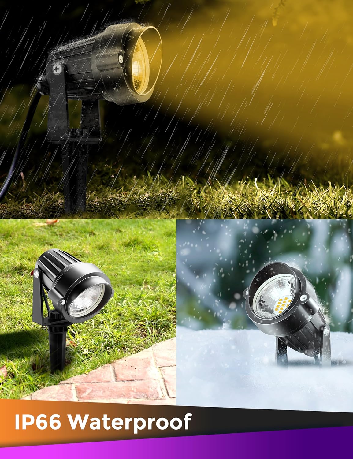 Images demonstrating the IP65 waterproof rating, showing lights under rain and snow conditions.