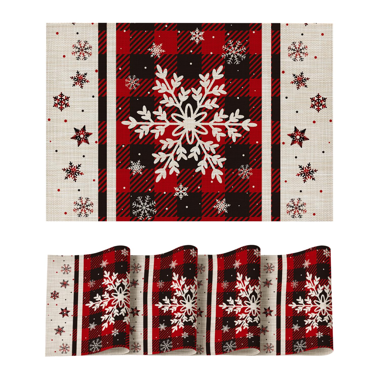 Artoid Mode Buffalo Plaid Snowflakes Christmas Placemats Set Of 6, 12x18 Inch Winter