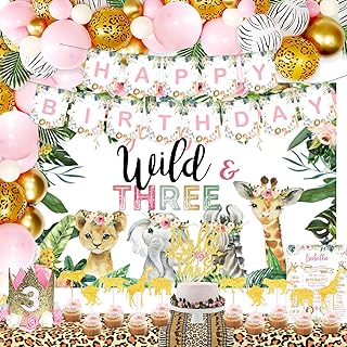 Young Wild and Three Decorations Girls, Party Inspo Safari Birthday 3rd Girl, Boho Floral Jungle Theme Third, Supplies Kit, Banner Backdrop Cake Toppers Balloon Arch Poster Crown, Pink