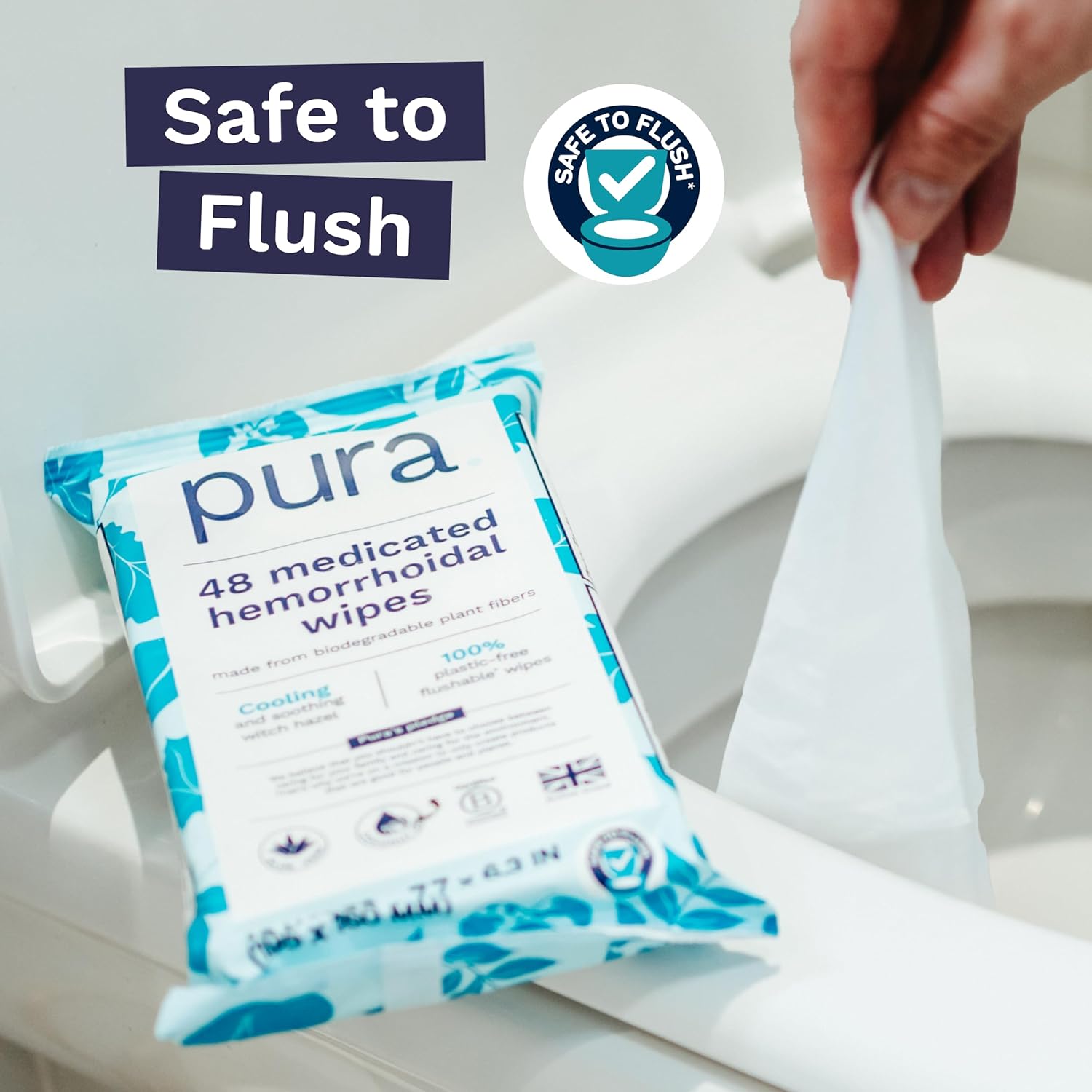 Pura XL Flushable Hemorrhoid Wipes Bundle, Medicated with Witch Hazel, Aloe & Coconut Oil, Fragrance-Free, Cooling & Soothing Relief, Extra-Large, 100% Plastic-Free, 3 Packs (144 Wipes)