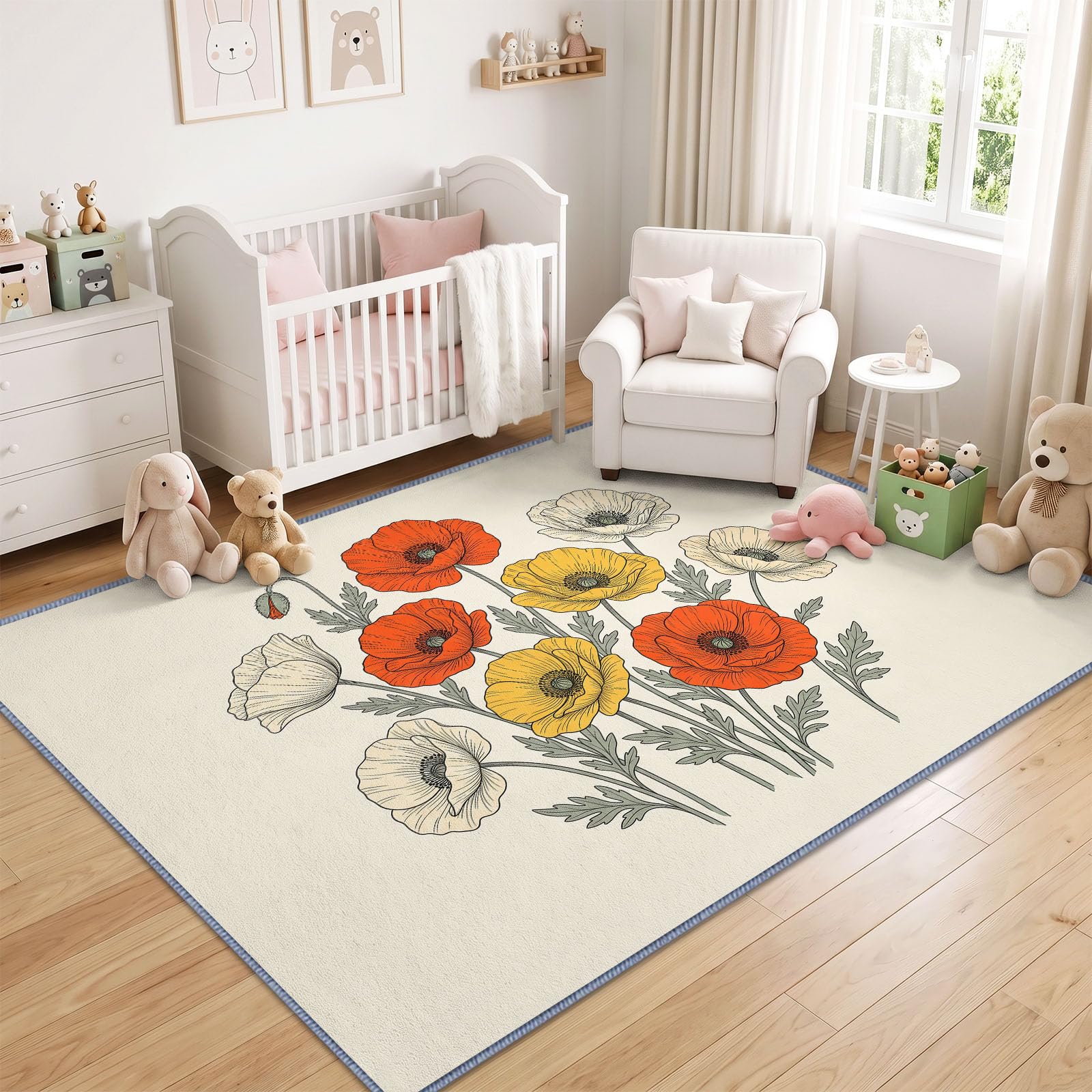 Générique Coquelicot Crème Tapis Poils Ras 80x150 cm