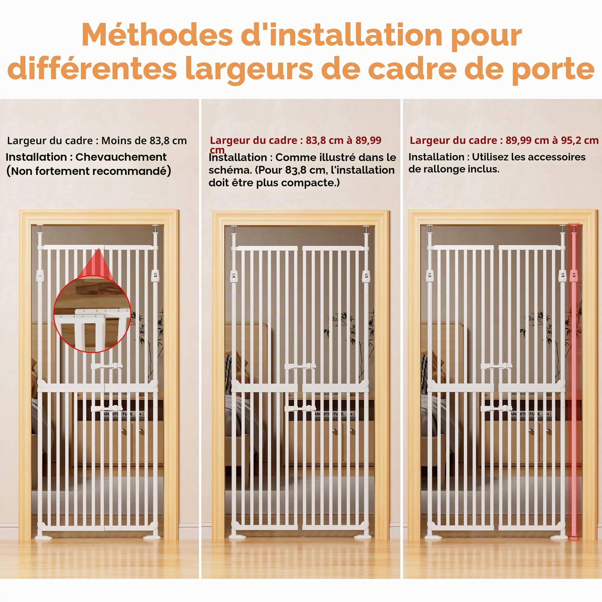 Barrière de sécurité pour chat de 180,3 cm de haut, 86 à 90 cm de large, espace extra étroit de 3,4 cm, fermeture automatique, sans perçage, double porte pour animaux de compagnie pour portes, cuisine