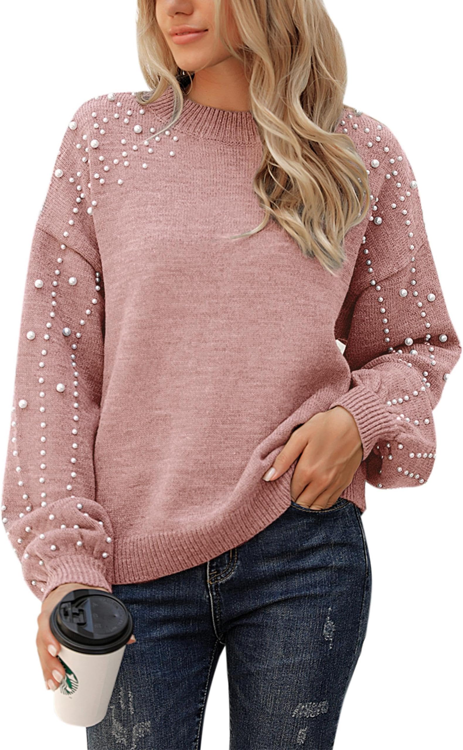 Women's Chunky Sweater Crewneck Sweatshirt Knit Lantern Sleeve Oversized Pullover Sweater with Pearls
