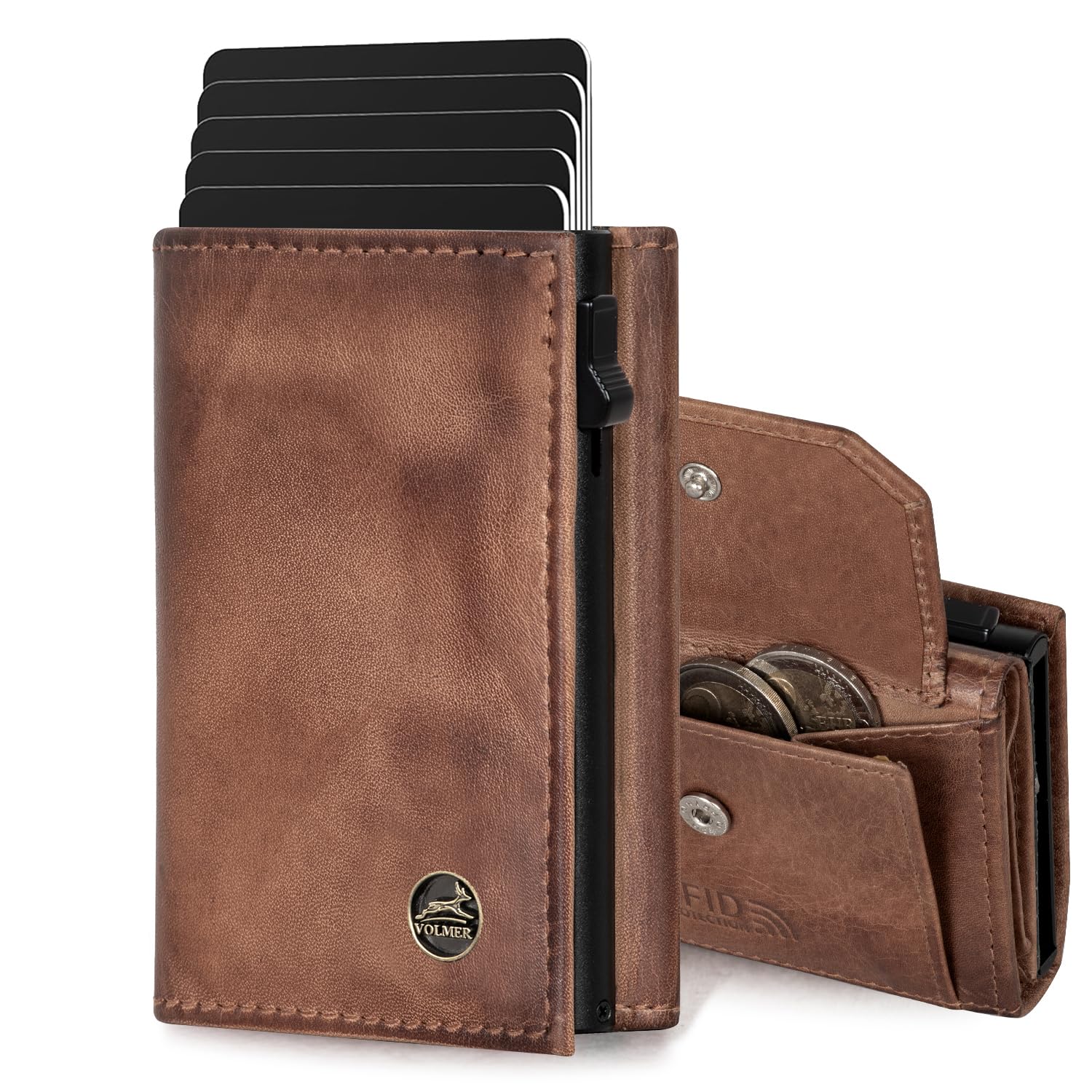 Fa.Volmer Étui pour Cartes Pop-up avec Compartiment à Monnaie en Cuir véritable pour Homme et Femme | 11 Cartes | Protection RFID (Antique Brown, Grand Compartiment à Monnaie)