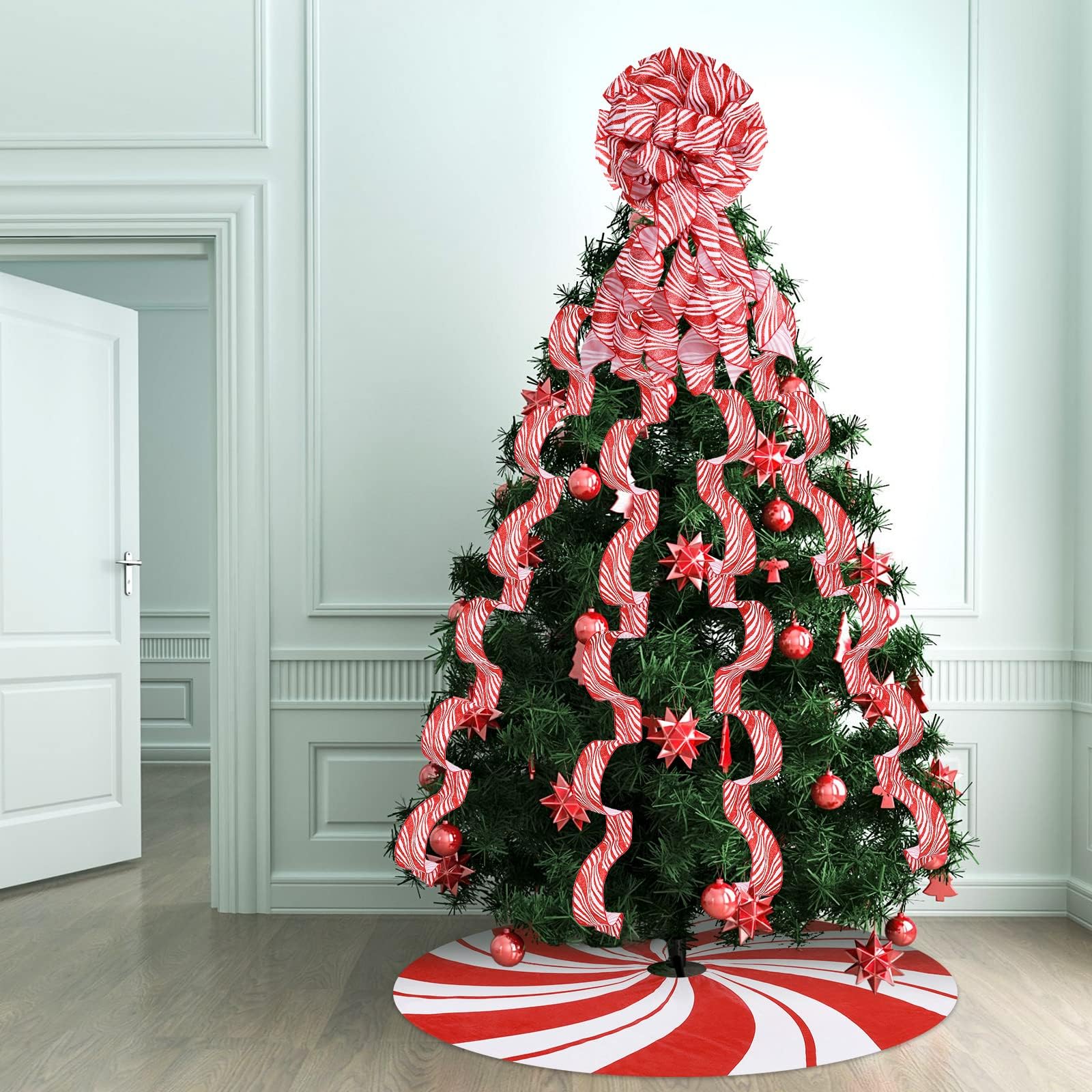 L'ensemble de décoration de sapin de Noël comprend un nœud pour cimier de sapin de Noël, un ruban à bandes décoratives, une jupe de sapin de Noël avec anneau annuel pour ferme, couronne, décorations