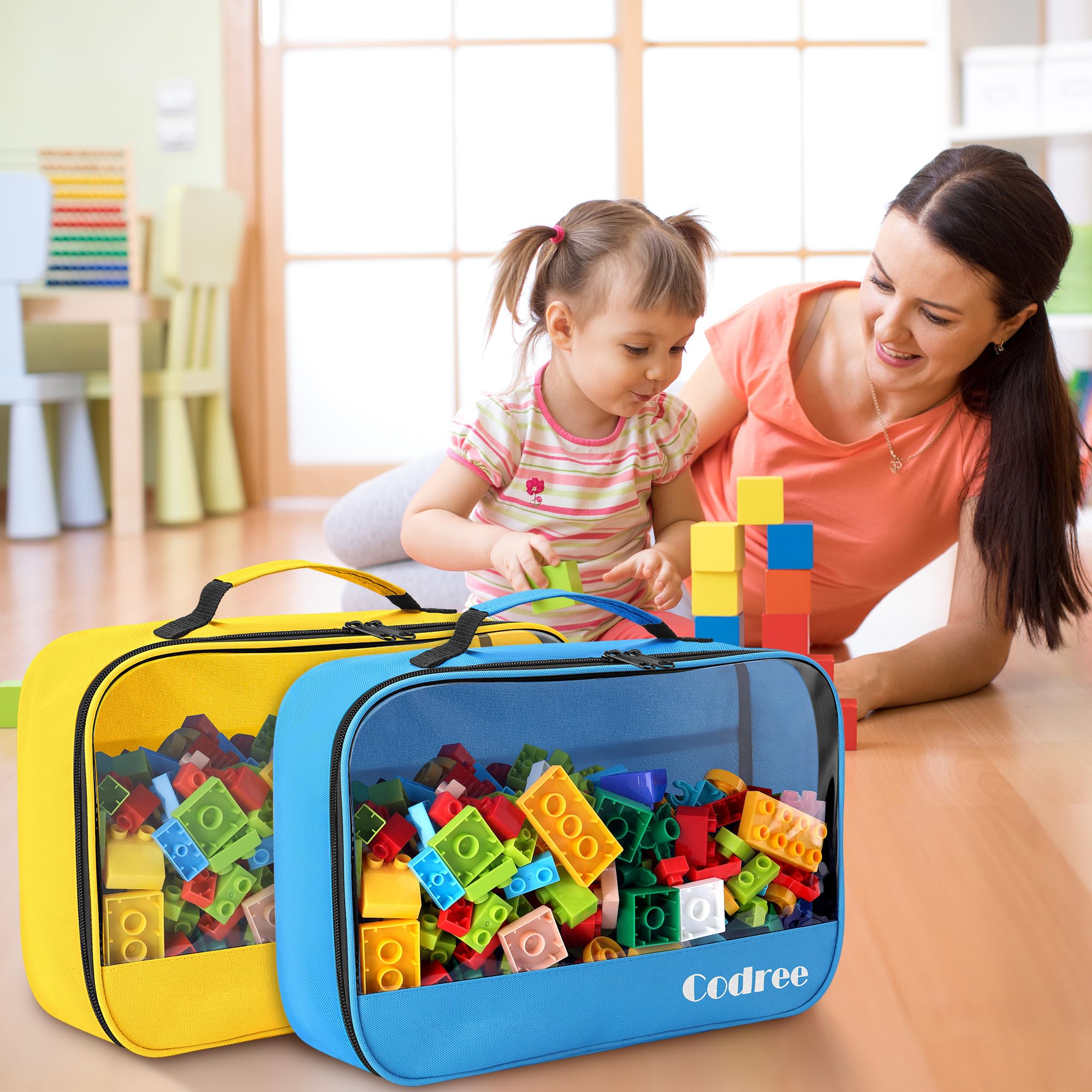 codree Confezione da 6 sacchetti grandi per giocattoli, 33 x 21 x 9,9 cm, in tessuto Oxford, visibili, con cerniera, impermeabili, da viaggio, organizer per giocattoli da costruzione, piccoli