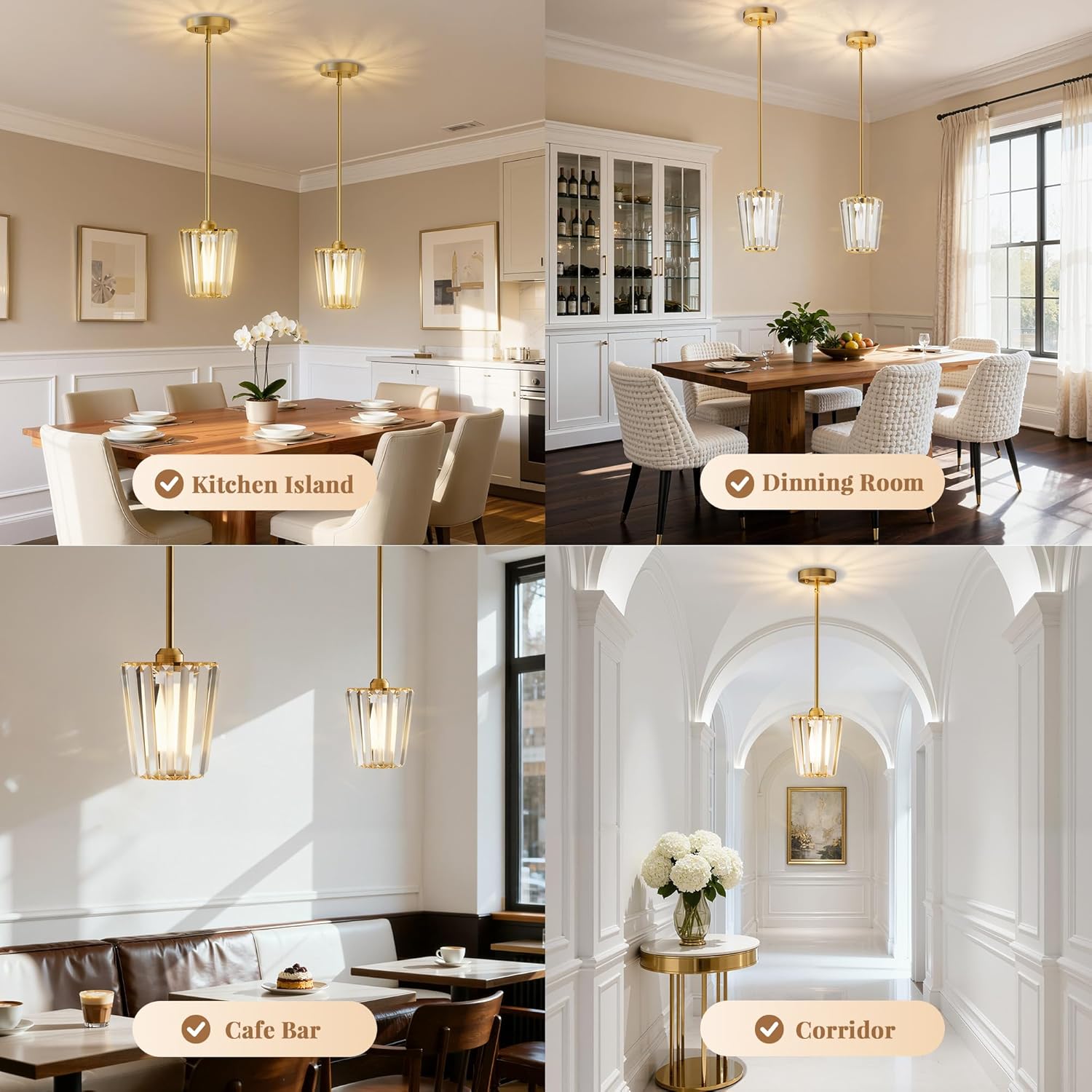 Crystal Pendant Lights Kitchen Island 2 Pack, Modern Gold Pendant Light Fixtures Mini Adjustable Chandeliers for Kitchen Island Dinning Room Bedroom Hallway with E26 Base (Bulbs Not Included)