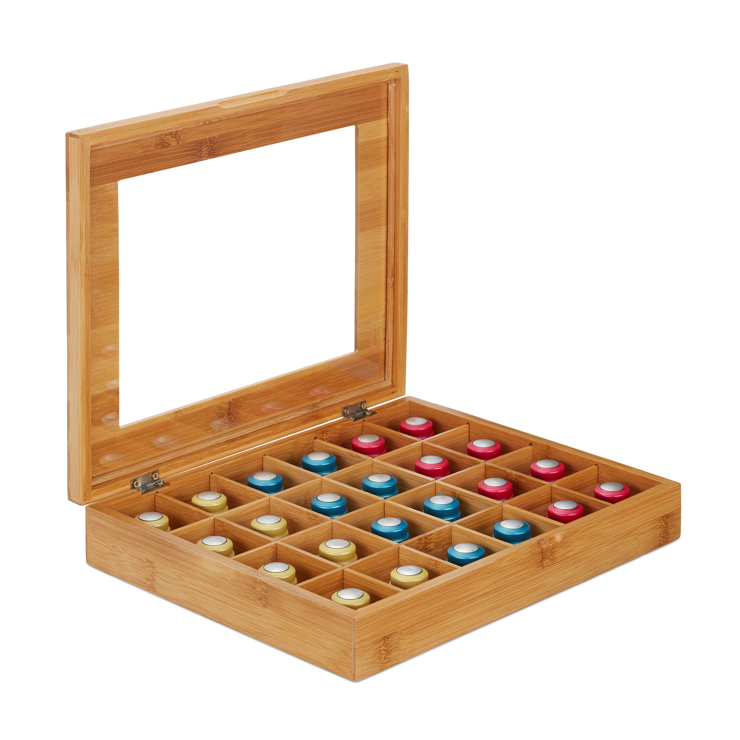 Relaxdays Bamboo Capsule Holder, 24 Compartments, Hinged, Capsule Dispenser, Tee Bag Box, Natural